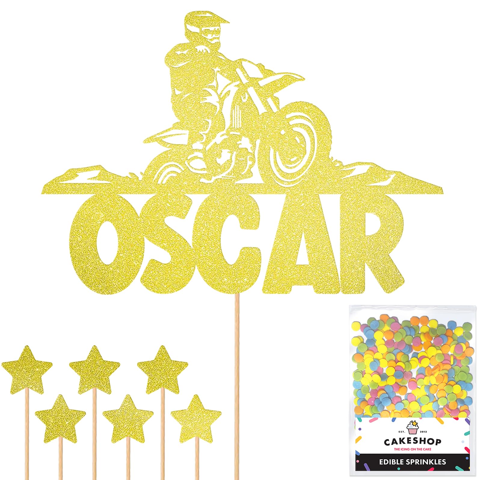 Personalised Dirt Bike Motorbike Racing Glitter Cake Topper - Champagne Custom Name Glitter Cake Decoration and Sprinkles - Happy Birthday Decorations - Personalised Toppers for Cakes by Cakeshop โ image 1