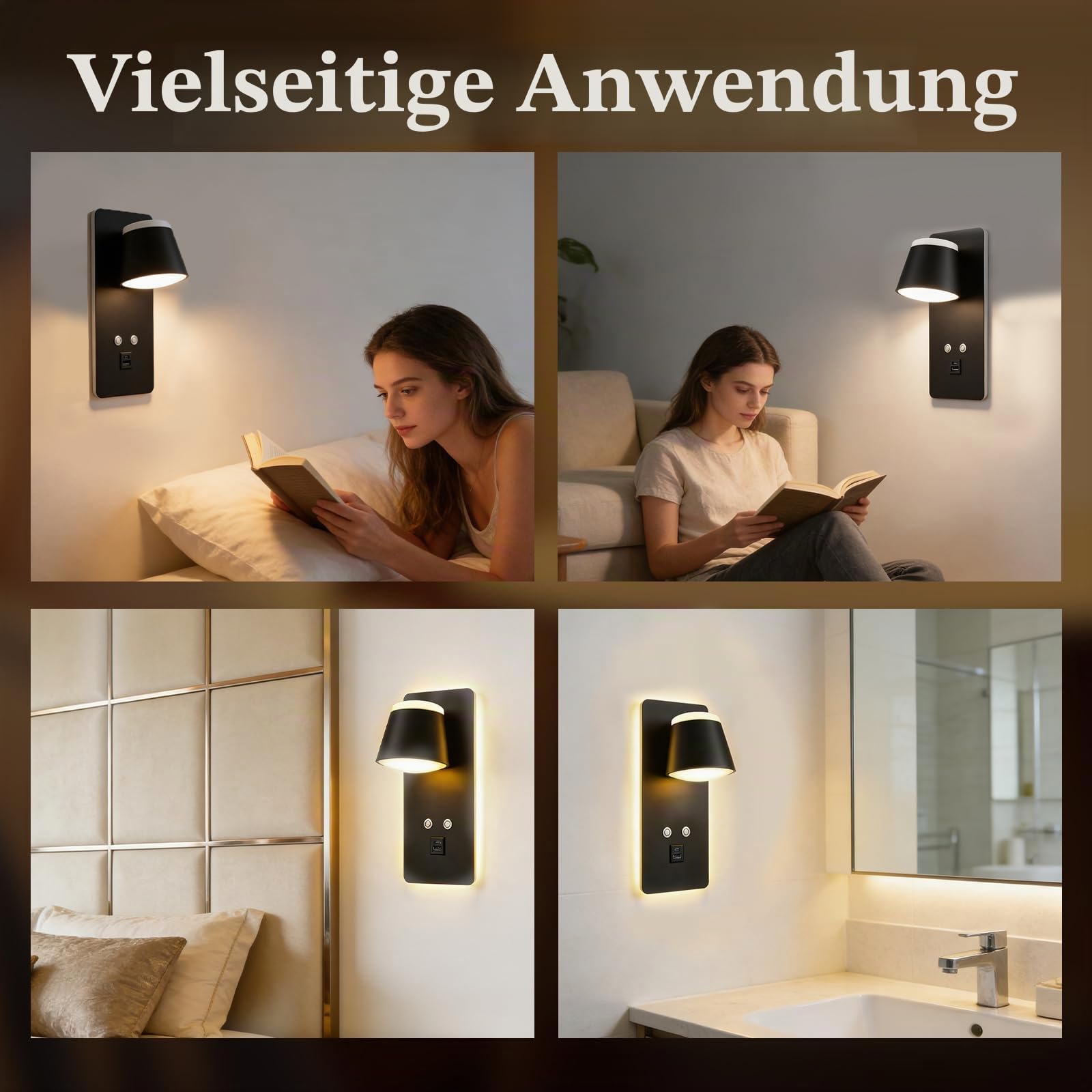 LED Wandleuchte Innen, 3 IN 1 LED Wandleuchte mit Schalter, 12W Dimmbar Nachttisch Leselampe mit USB Ladeanschluss, LED Wandleuchte für Hotelflur, Innenbereich, Nachttischlampe Wohnzimmer(2PCS)