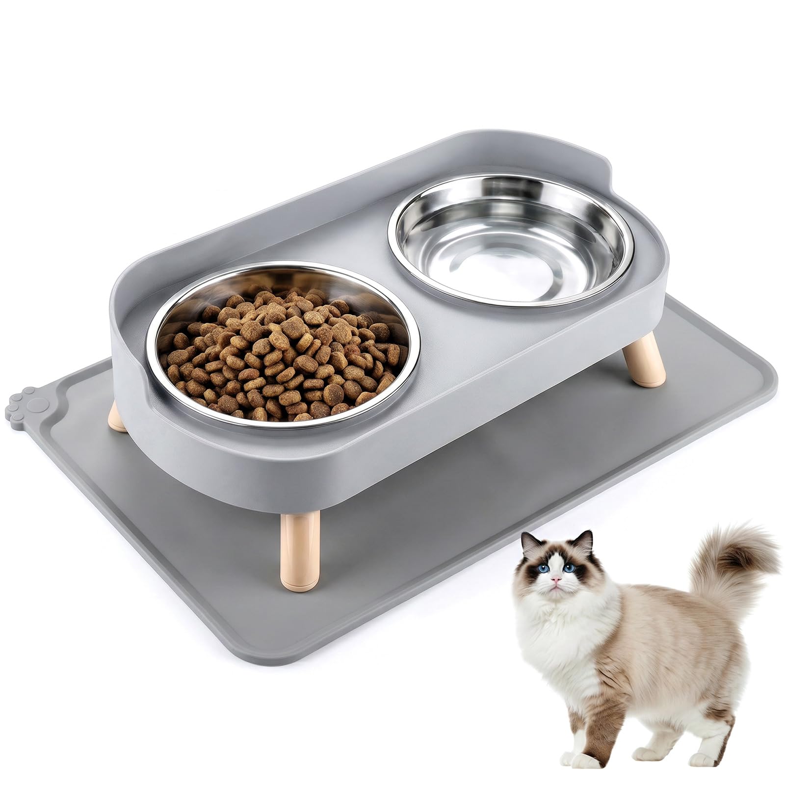 Raised Cat Food Bowls - Elevated Cat Bowls with Stand & 2 Stainless Steels Bowls, Anti-Slip Cat Food Mat Anti Vomiting Pets Food Feeding Dishes for Cat and Small Dog, Gray