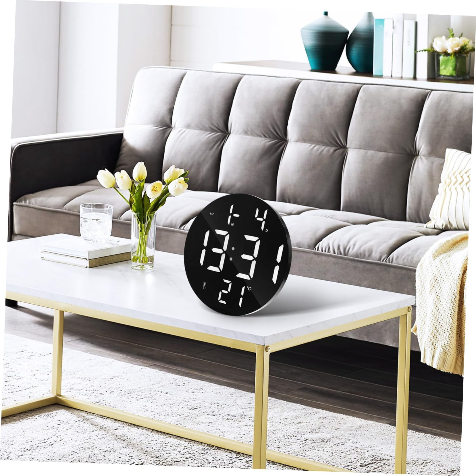Gatuida Digitale Led Wanduhr Rund Mit Fernbedienung Großes Display Datum Temperatur Anzeige Abnehmbarer Ständer Batteriebetrieben Für Wohnzimmer Schlafzimmer
