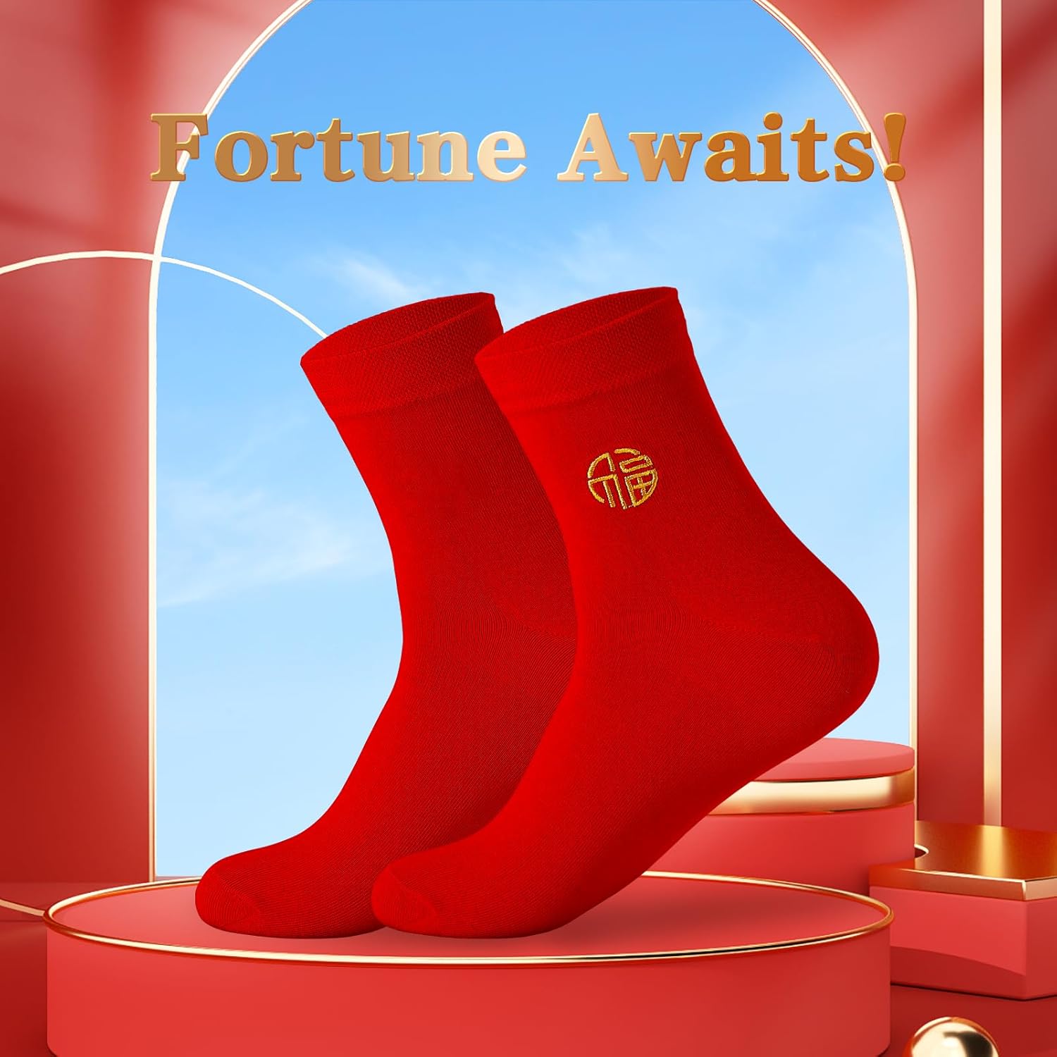 Men's Red Socks Crew Sports Casual Comfortable Calf Socks, Chinese New Year Socks,Size 6-10, Embroidery 福(Fu) - Image 4