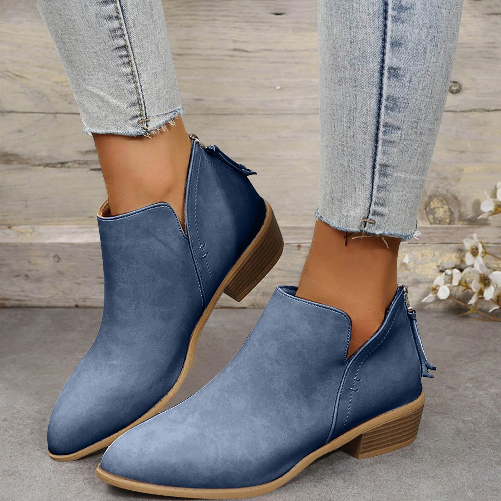 Stiefeletten Damen mit Niedriger Absatz Vintage Ankle Boots Chelsea Boots mit Reißverschluss Knöchelstiefel Lässige Damenstiefel Herbst Winter Stiefel