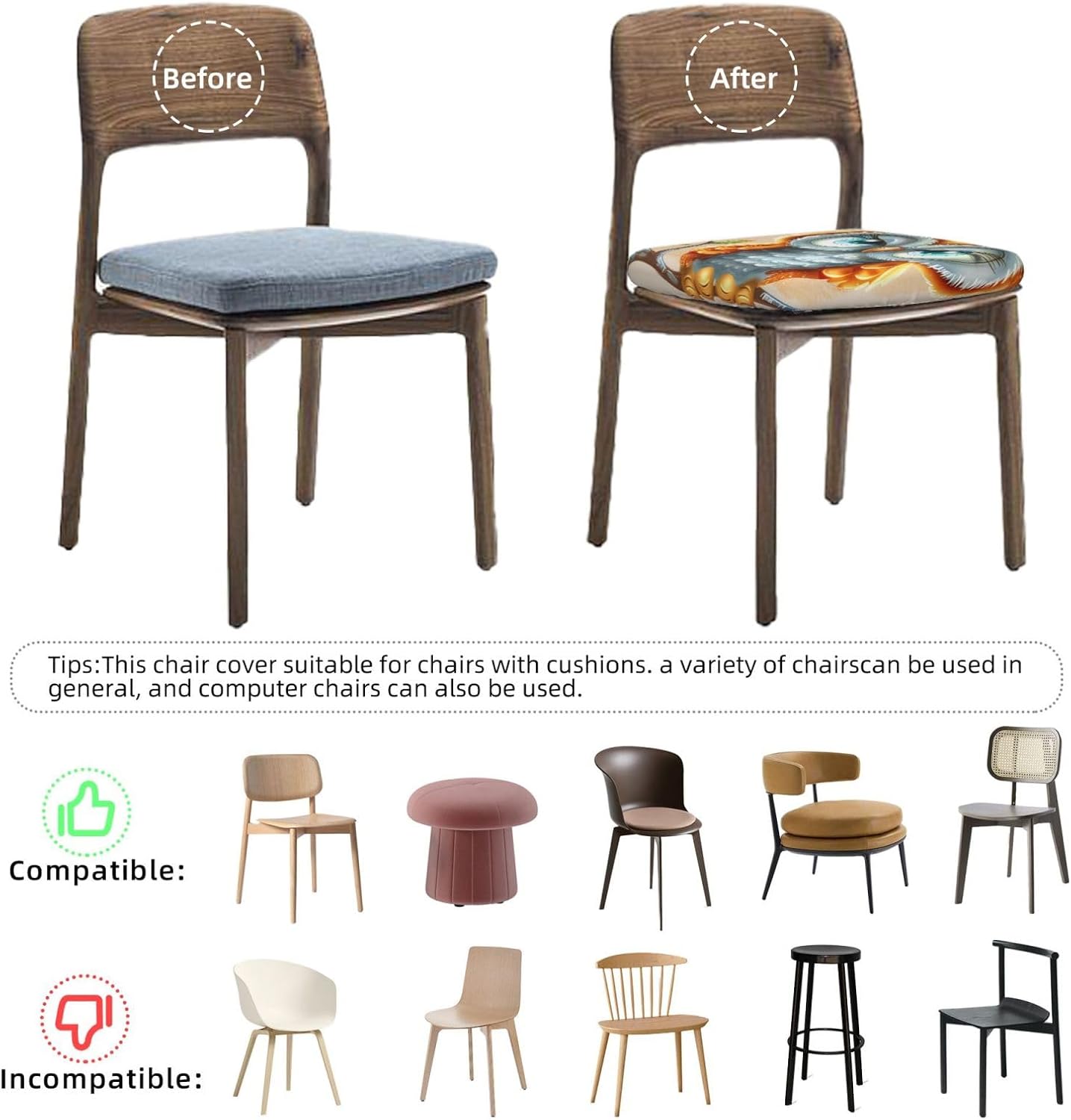 Cute Cartoon Owl Print Square Cushion Covers 6 Pcs Set Elastic Non-Slip Seat Cushion Slipcovers Pet Furniture Protectors for Chair, Sofa