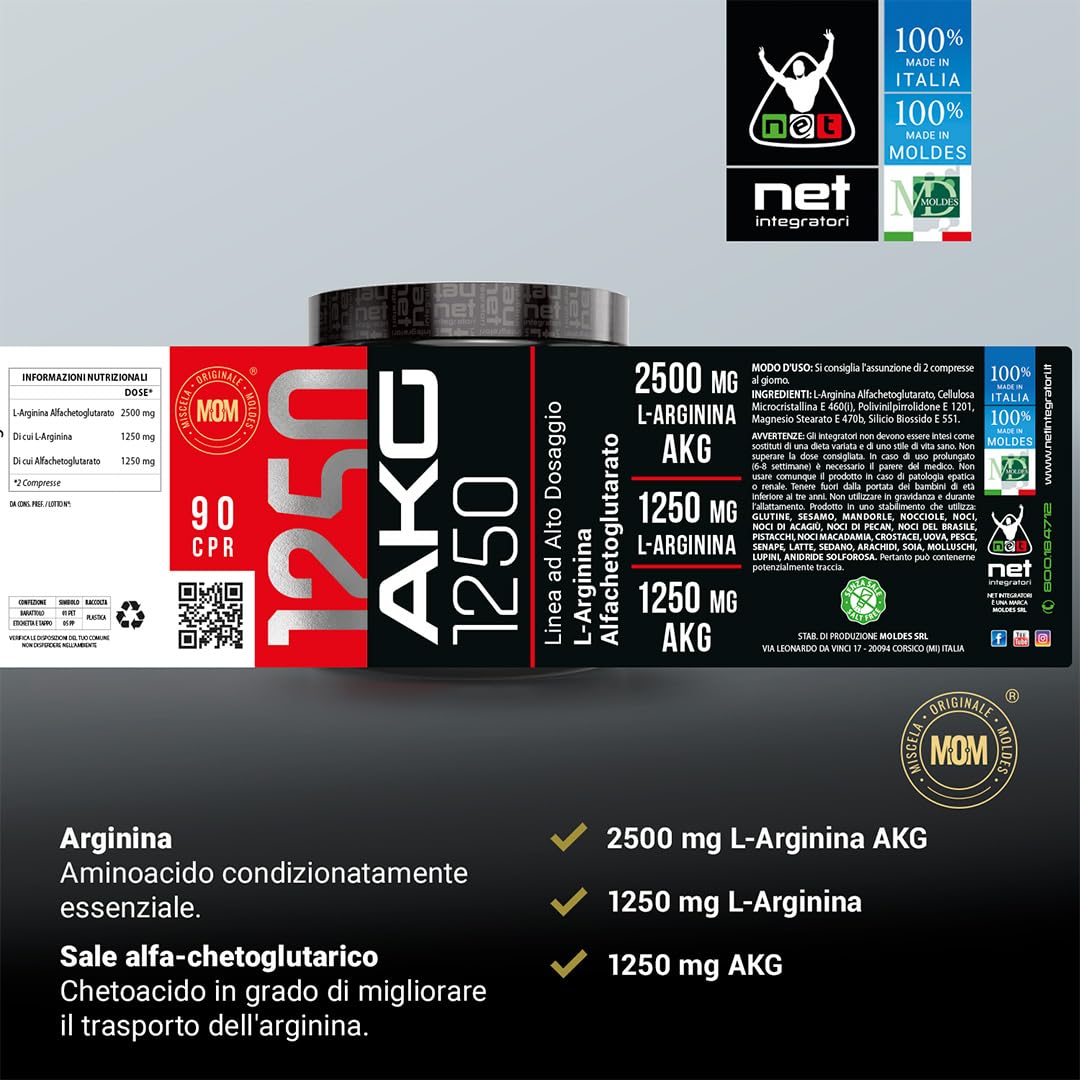 Net Integratori AKG 1250 – 90 compresse – Integratore di Arginina Alfa-Chetoglutarato ad Alto Dosaggio per Stimolare Ossido Nitrico e Aumentare Pump Muscolare e Resistenza – Pre e Post Workout