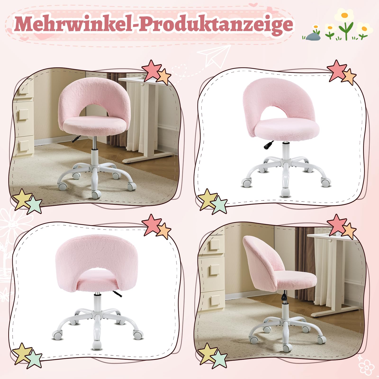 Bonnlo Homeoffice Stuhl, Schreibtischstuhl, Schminktisch Stuhl, Bürostuhl ohne Armlehnen, Drehstuhl mit Rollen, Höhenverstellbar, Homeoffice, Make up (Kunstkaninchenfell, Rosa)