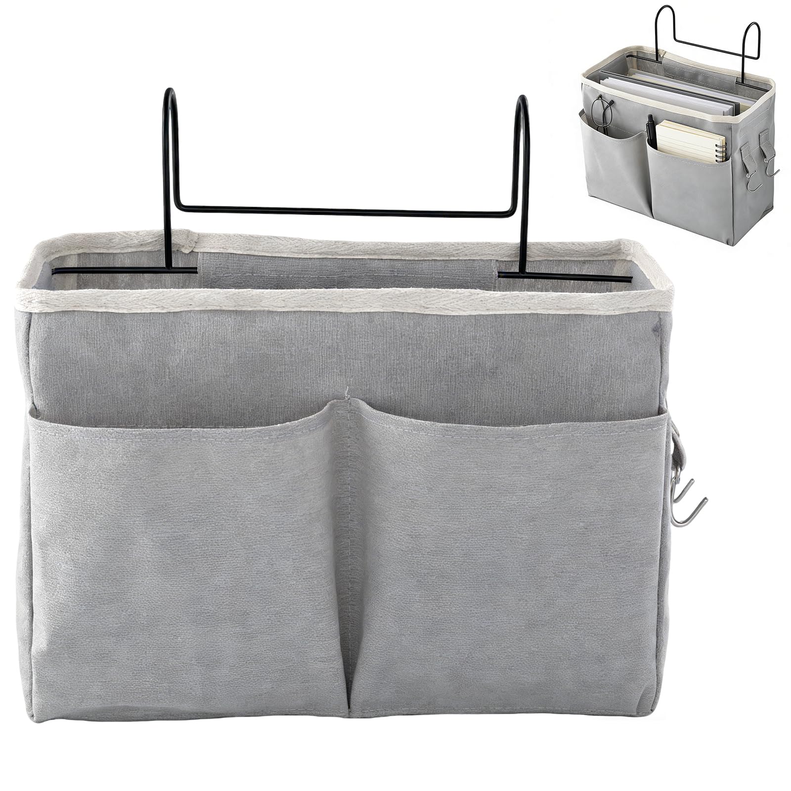Hiuyavy Bedside Hanging Storage, Storage Caddy with Hooks and Pockets, Bed Clutter Sorting Bag, Home Multifunctional Bedside Hanging Bag for Dormitory Bedroom School Bunk Bed (Grey)