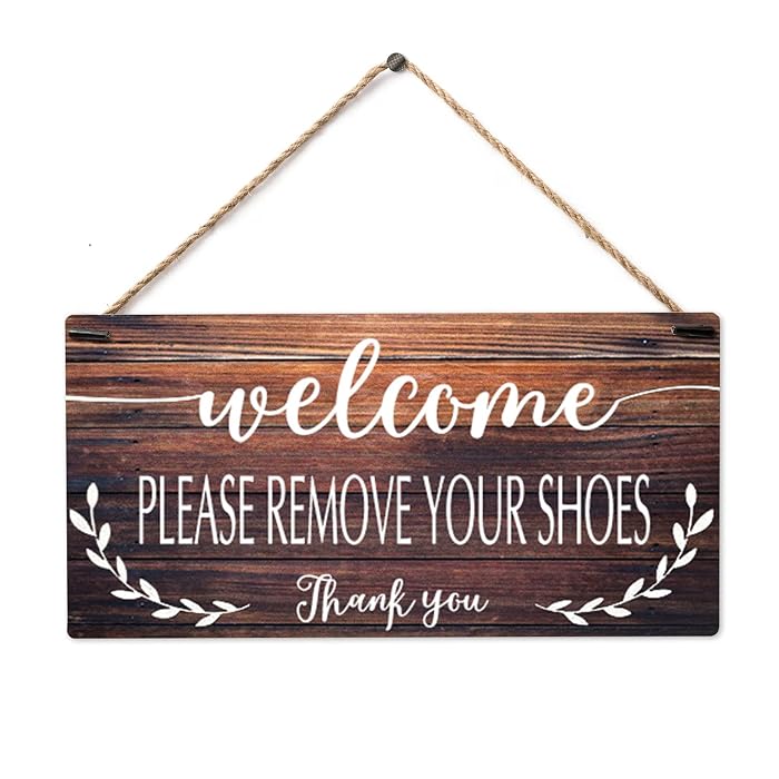 "Take Your Shoes Off" Welcome Sign - 7.9x3.9 Inch Solid Wood Hanging Sign With Rope For Entryway