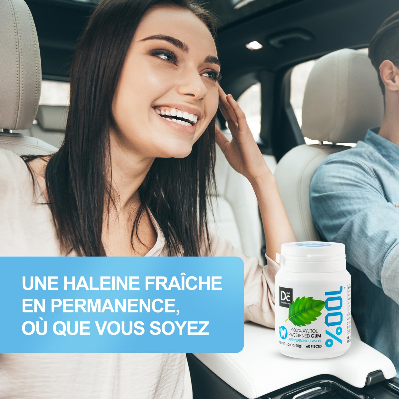 DC24 DAILY CARE 100% Xylitol Gum, sans aspartame, chewing-gum à la menthe poivrée sans sucre, 60 pièces, paquet de 2