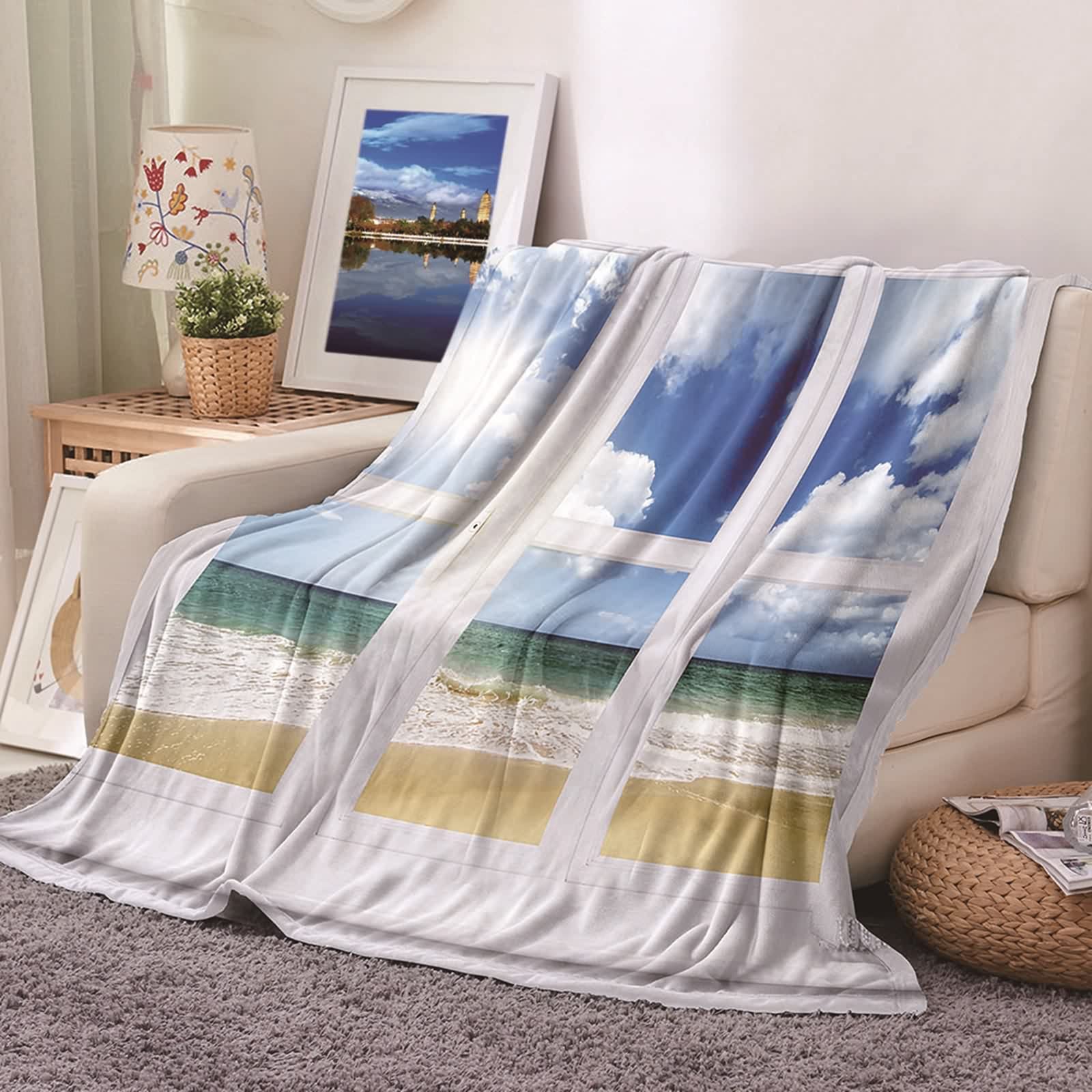 Couverture flannel imprimé plage KnSam plaid chaud 180x220cm pour canapé