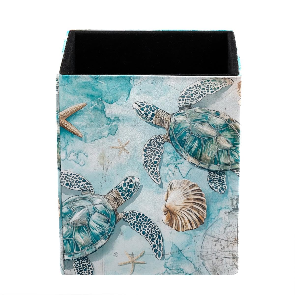 HEOEH Turtles Ocean Map Pen Holder Pen Pot, Square Pencil Cup for Desk