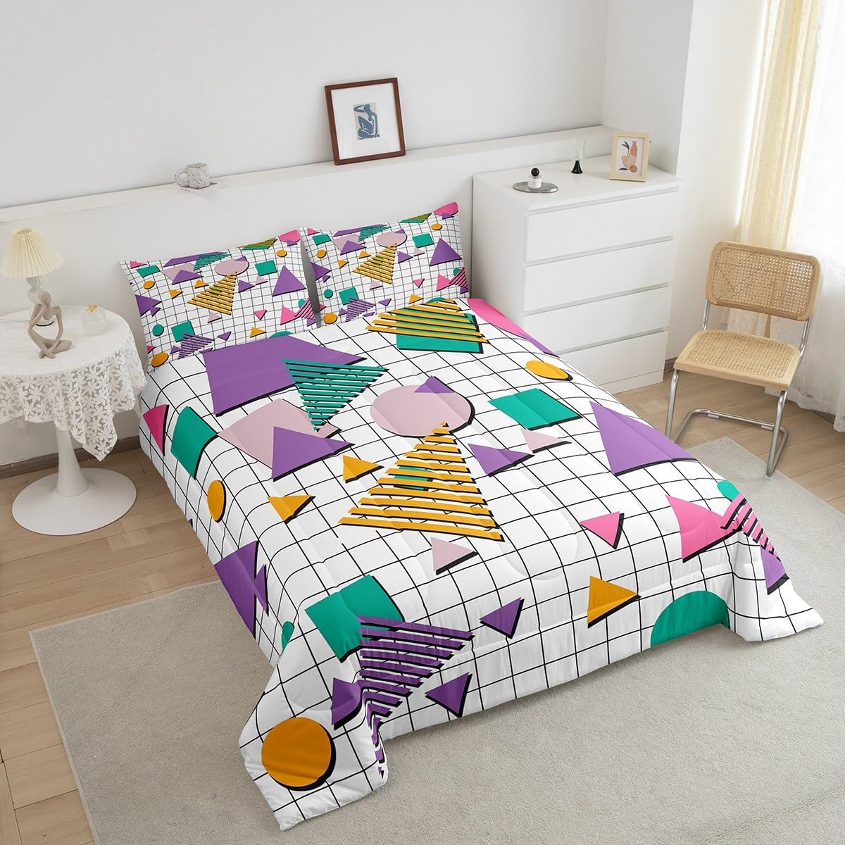 jejeloiu 80s 90s Memphis Comforter Set Queen Size Memphis Geometric Comforter for Kids Teens Adults Grid Retro Fashion Bedding Set Purple Abstract Duvet Set with 2 Pillow Case Boys