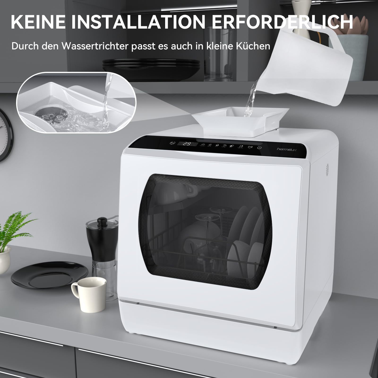Hermitlux Mini Geschirrspüler, 4 Bestecksätze, 5 Liter Wassertank, 6 Programme, Tischgeschirrspüler, Weiß