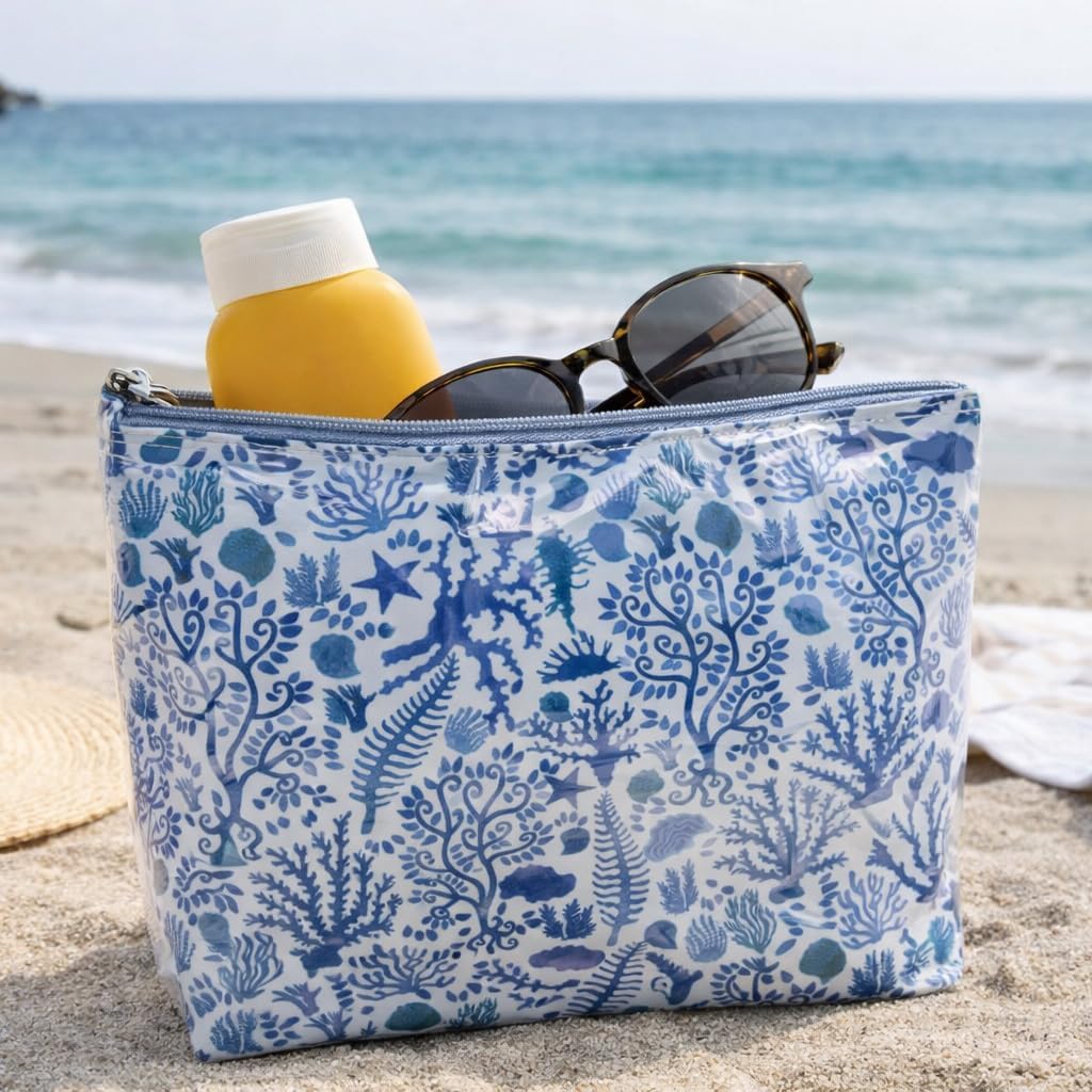 Jacaranda Living Medium Cosmetic Bag – Waterproof PVC-Lined Cosmetic & Toiletry Organizer, Zipper Pouch for Skincare, Makeup & Accessories, Blue Seashells