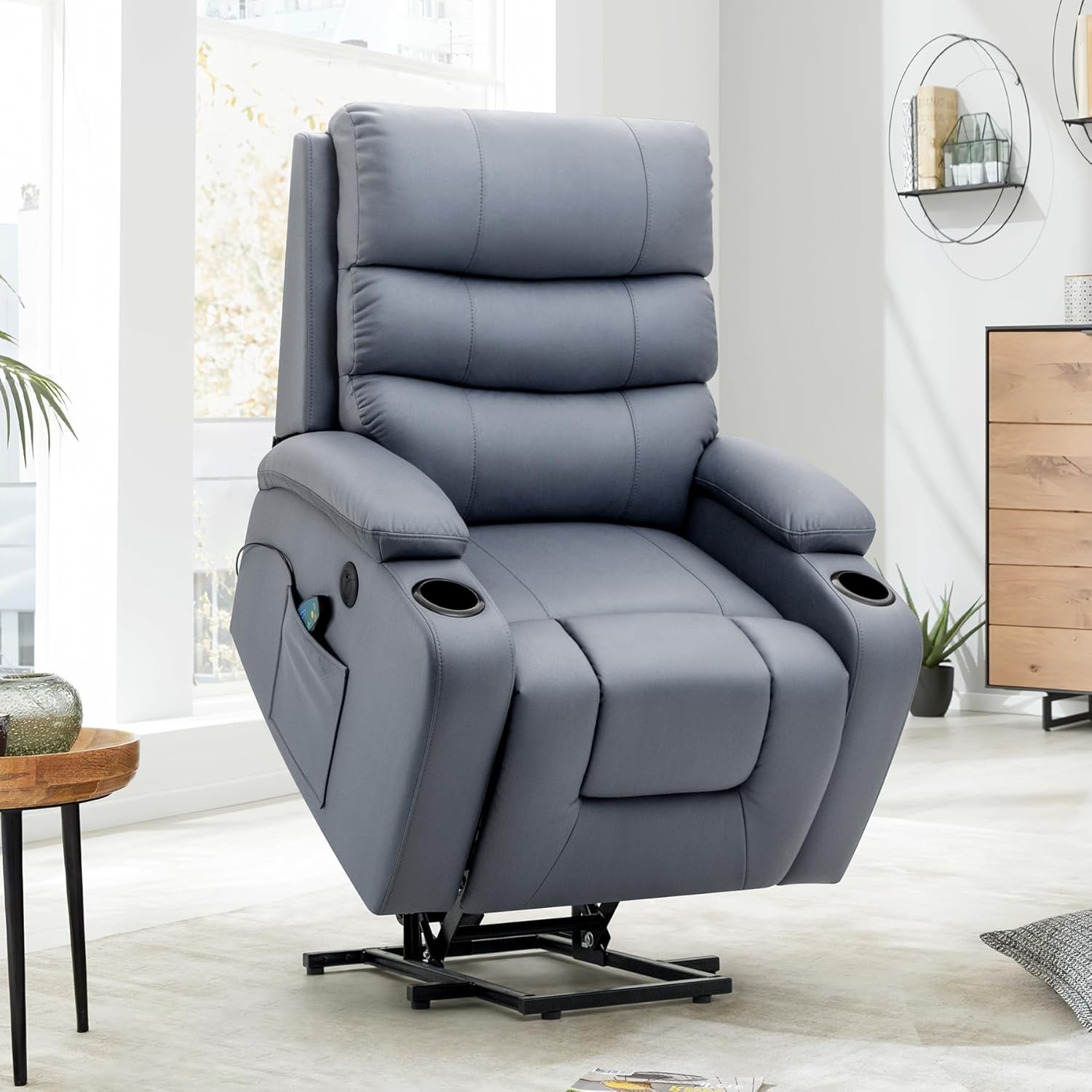HOMREST Power Lift Recliner Chair with Massage and Heat for Elderly, PU Leather Electric Recliner Lift Chair with 2 Cup Holders, 2 Side Pockets, USB Ports for Living Room, Blue