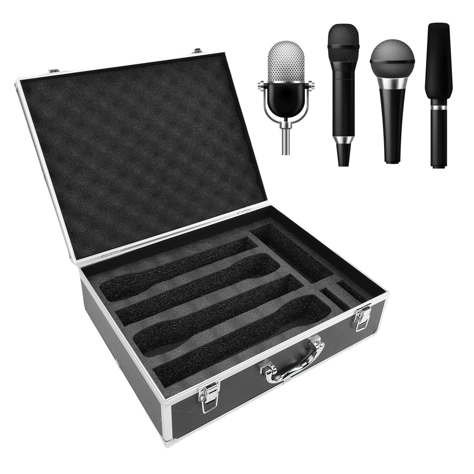Custodia per microfono wireless, custodia rigida in alluminio per 4 microfoni, ricevitori, trasmettitori con rivestimento in schiuma