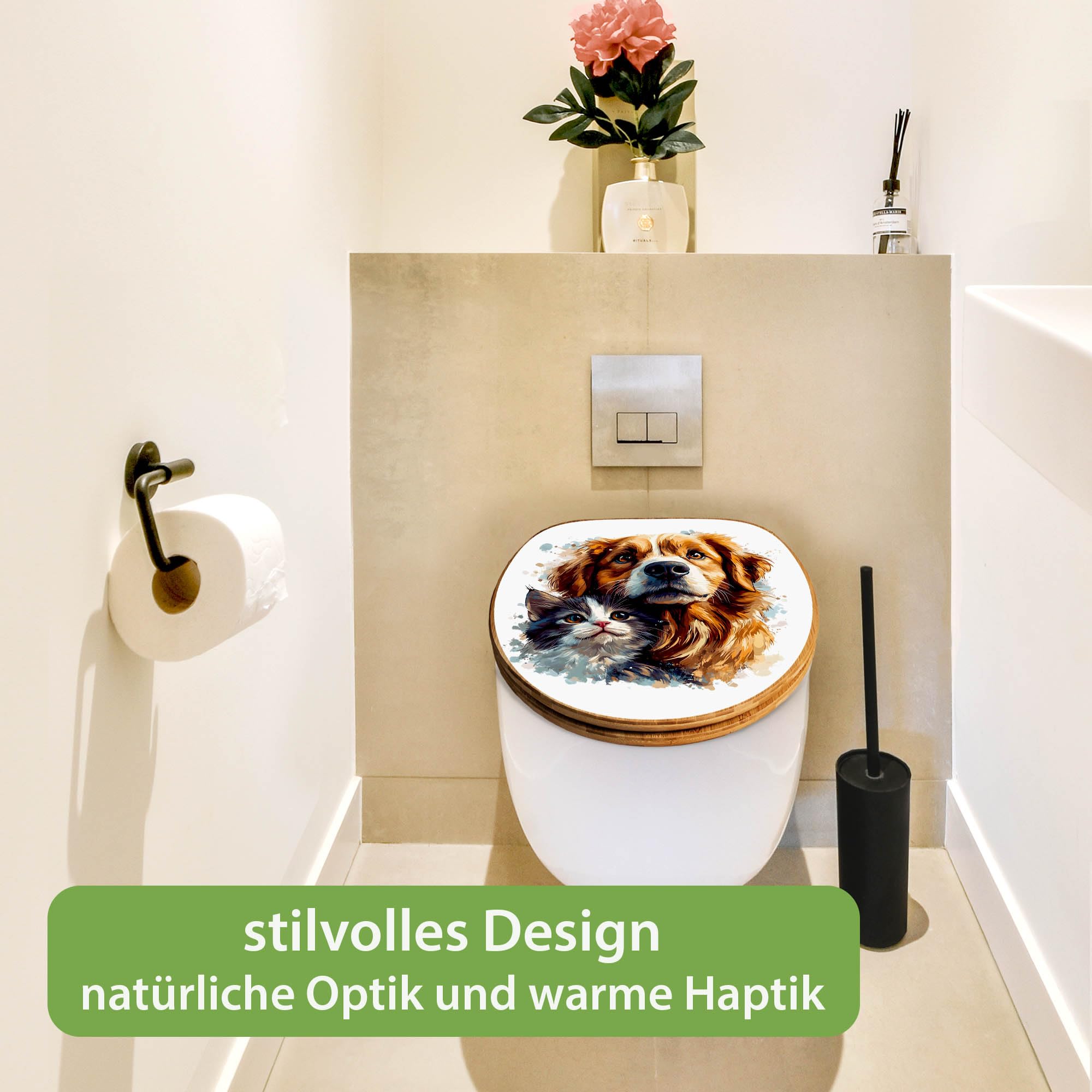 banjado Design WC Sitz Bambus Absenkautomatik 45,8x37,5cm - Toilettendeckel mit Absenkautomatik Holz - hochwertiger Bambus Klodeckel - WC-Sitz für gängigen Toiletten - Motiv Tierische Begleiter