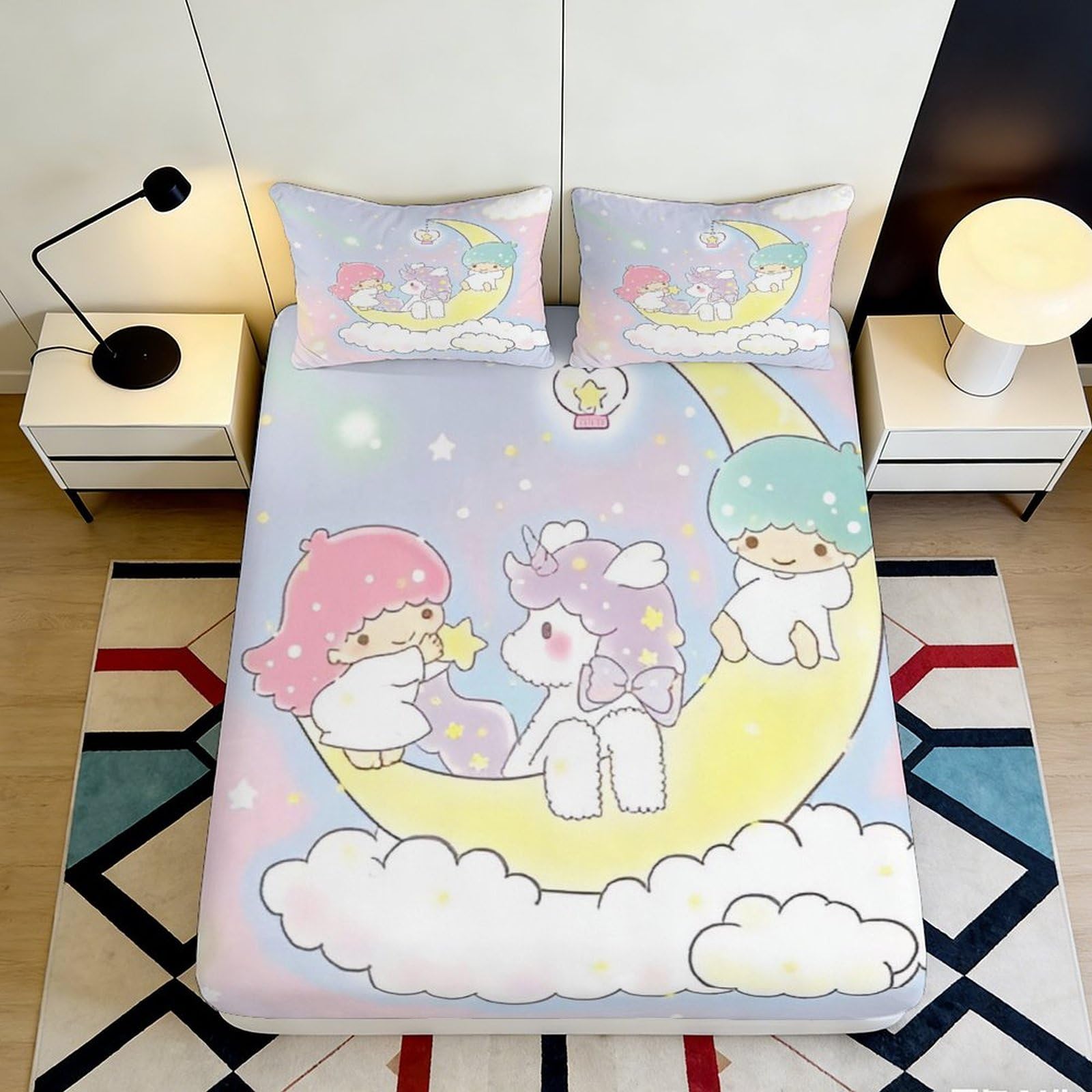 3D Printed Cute Cartoon Moon Fitted Sheet Microfiber Soft Breathable Unicorn Bed Sheet for Bedroom Dormitory Guest Room Mattress Protection Decor 140x200x25cm