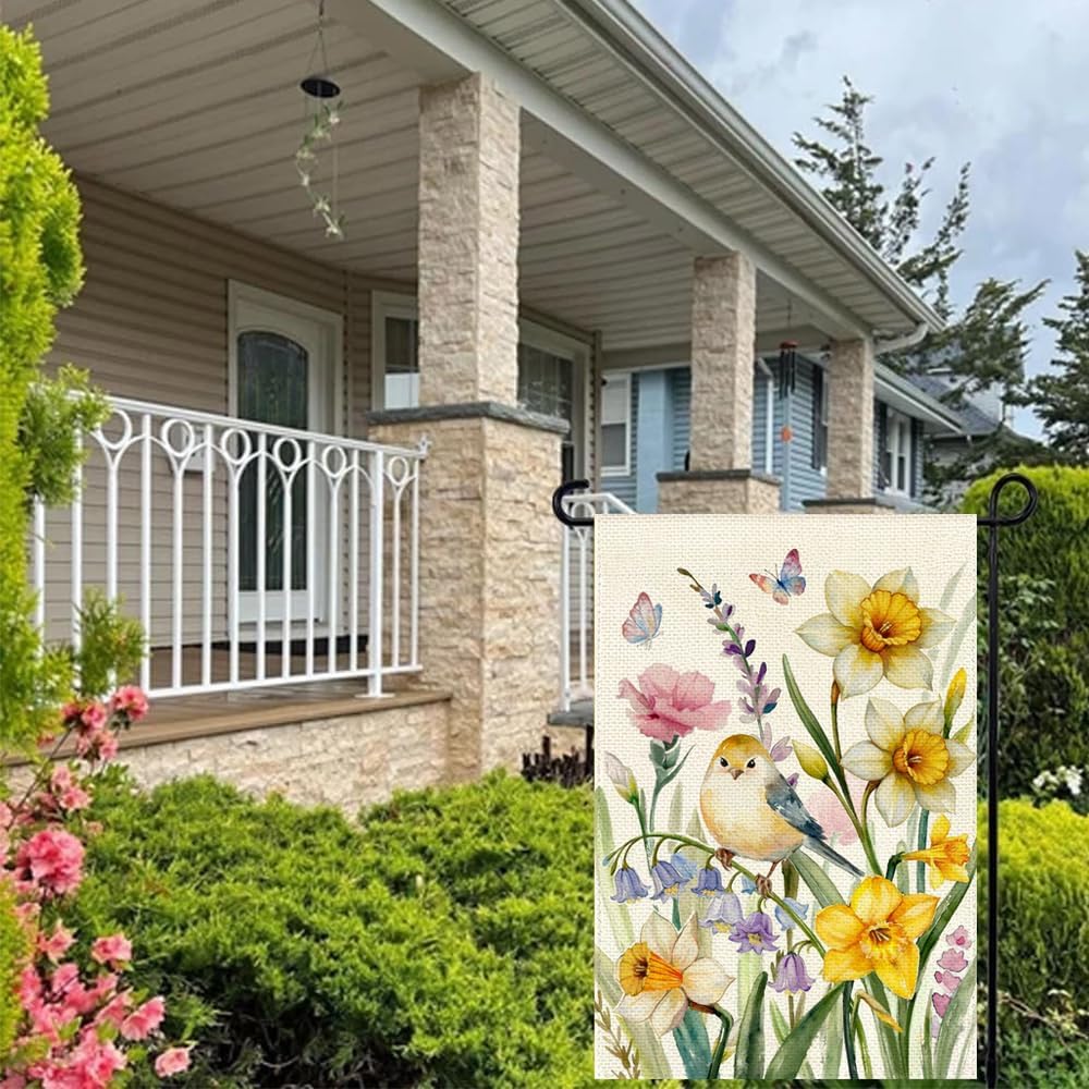 Spring Bird Daffodil Garden Flag 12x18 Inch Double Sided Outside Watercolor Flowers Seasonal Decorative Small Flag Outdoor Yard Porch Decoration - Image 4