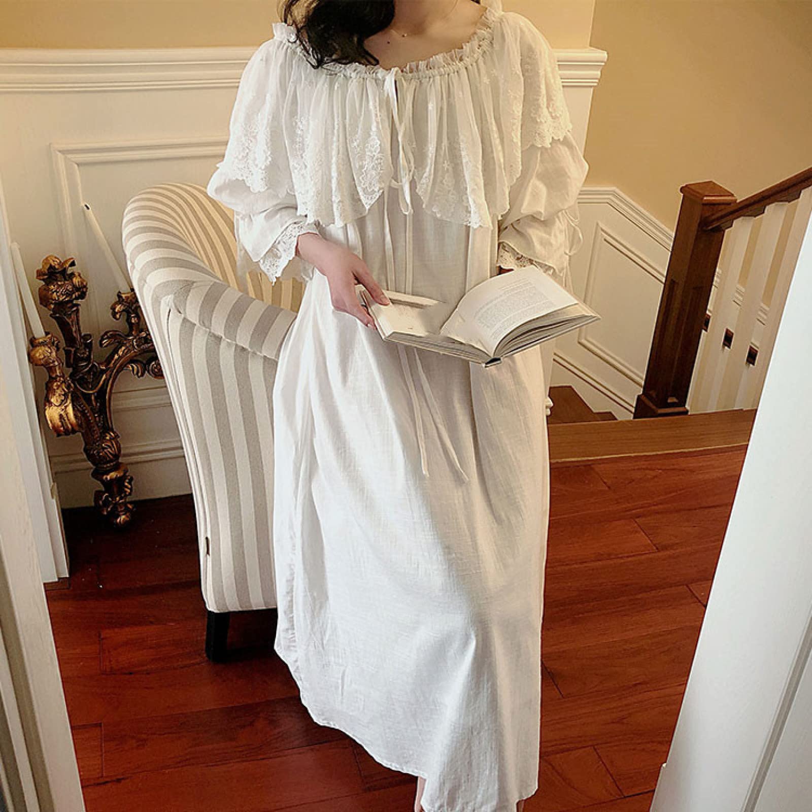 OFFSUM Camicia da Notte Donna - Sweet Princess Vintage Palace Style Tinta Unita Girocollo Abito Camicia da Notte Cotone Primavera Estate Camicia da Notte Loungewear