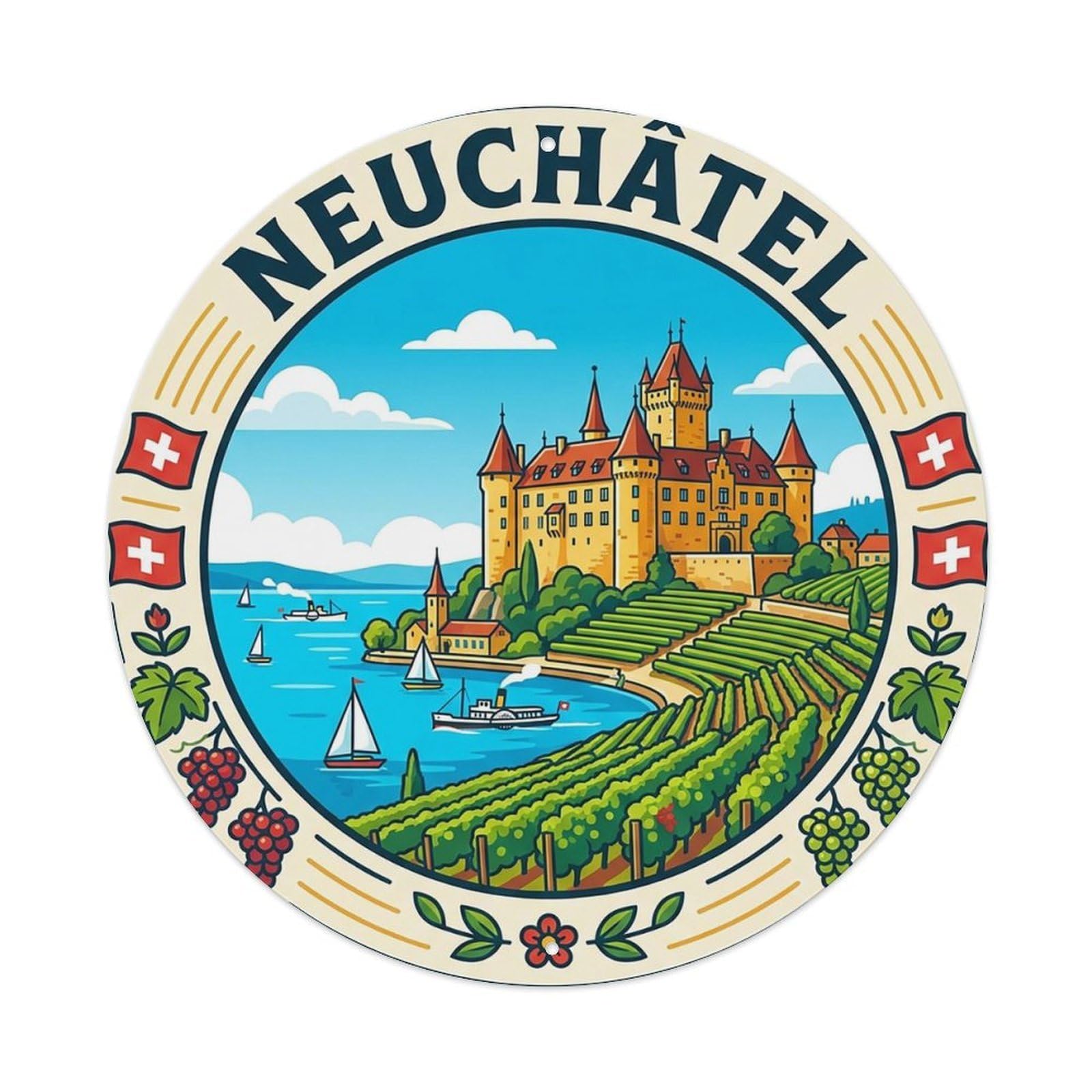 Yrnq 8X8inch Vintage Style Switzerland Vintage Travel Neuchatel Metal Tin Sign