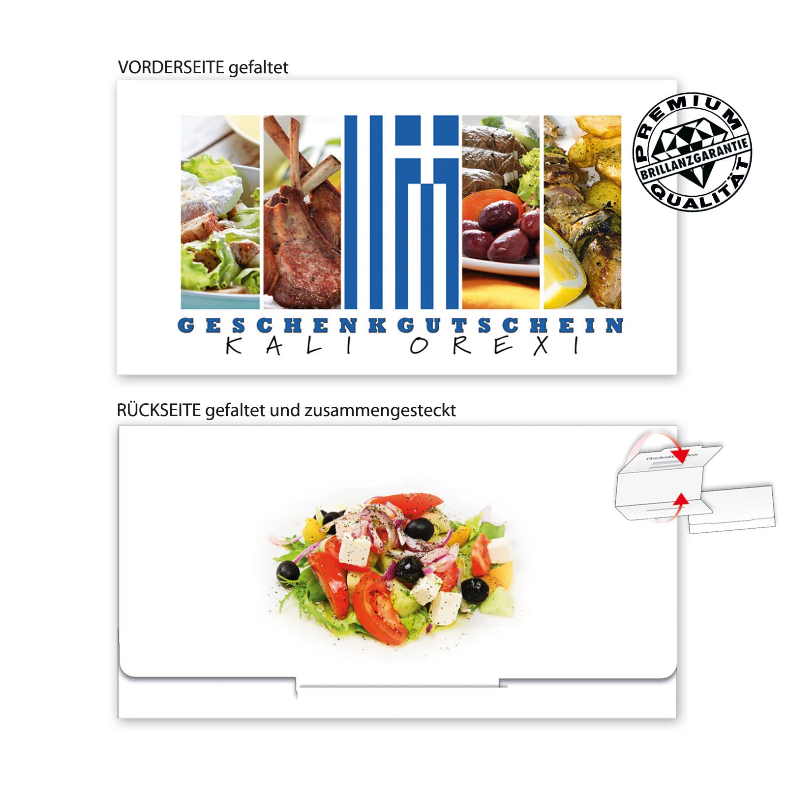 Faltgutscheine. 25x Gutschein + Kuvert. Für griechisches Restaurant mit glänzender Vorderseite.