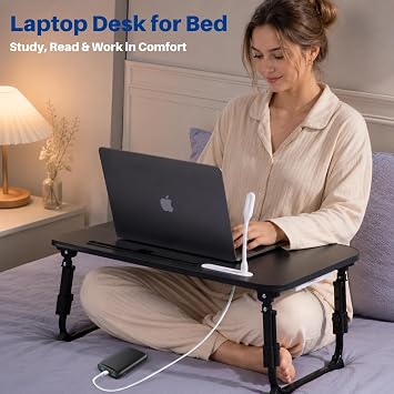BYMECOST Laptop Desk for Bed, Height Adjustable Laptop Bed Table, Foldable Portable Lap Desk Stand with USB/Storage Drawer/Cup Holder/Slot, Breakfast Tray for Working Reading Writing Eating