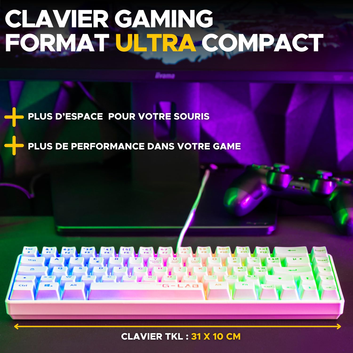 The G-Lab - Combo Hydrogen - Pack Clavier Souris Gamer, Clavier Gamer 60% Filaire, Rétroéclairage RGB, azerty, Format Compact + Souris Gaming RGB, 6 Boutons, 7200 DPI - PC/PS4/PS5 – Blanc