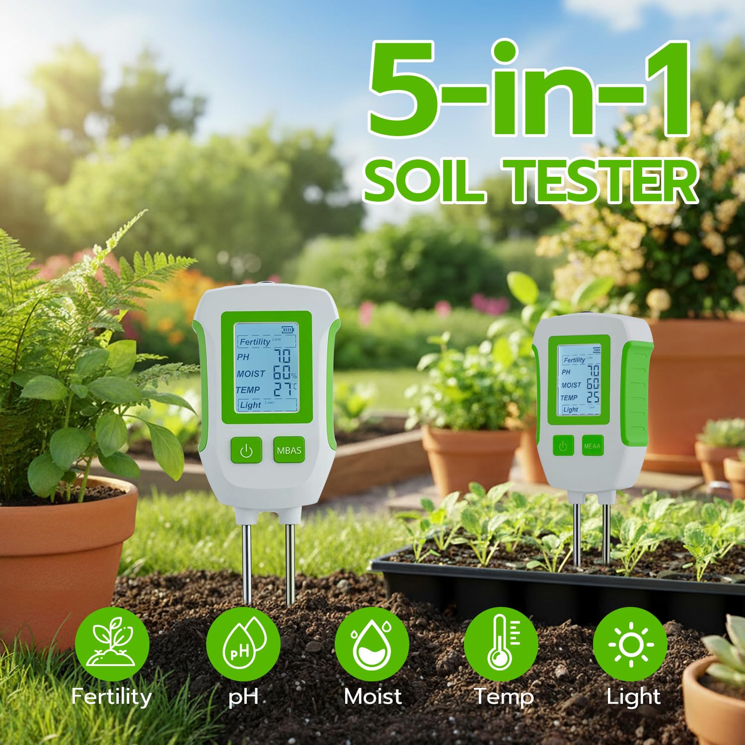 Mcbazel Tester gleby 5 w 1, wielofunkcyjny miernik do ogrodnictwa i rolnictwa, pomiaru pH, żyzności gleby, wilgotności, temperatury i światła, system podwójnej sondy z wyświetlaczem LCD, Spegnim