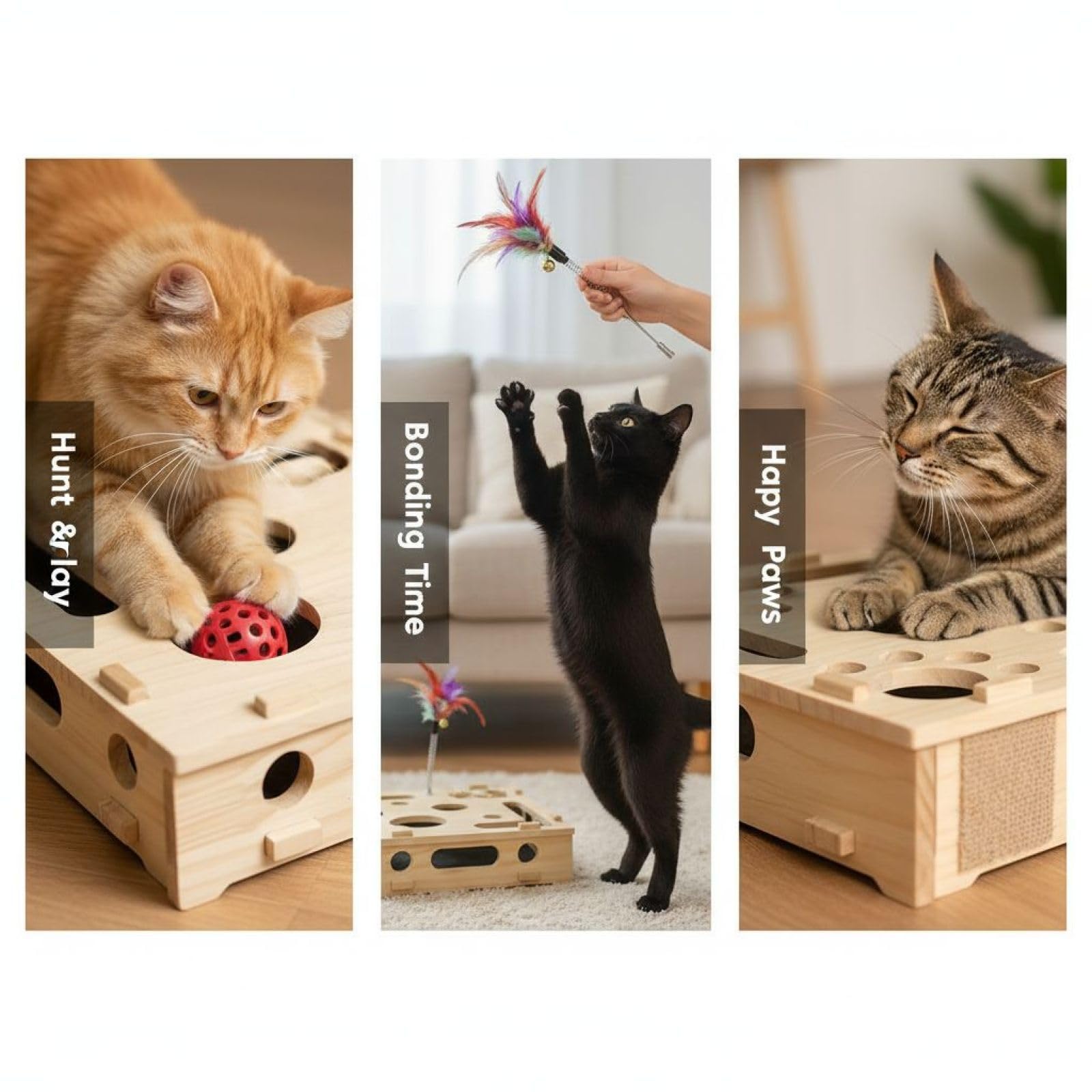Katzenspielzeugkiste aus Holz mit Katzenspielzeug Stick und 3 Rasselbällen, Labyrinth-Design, Haustier-Kratzpuzzle-Anreicherungsbox mit Seitenlöchern, interaktives Spielen, reduziert Langeweile