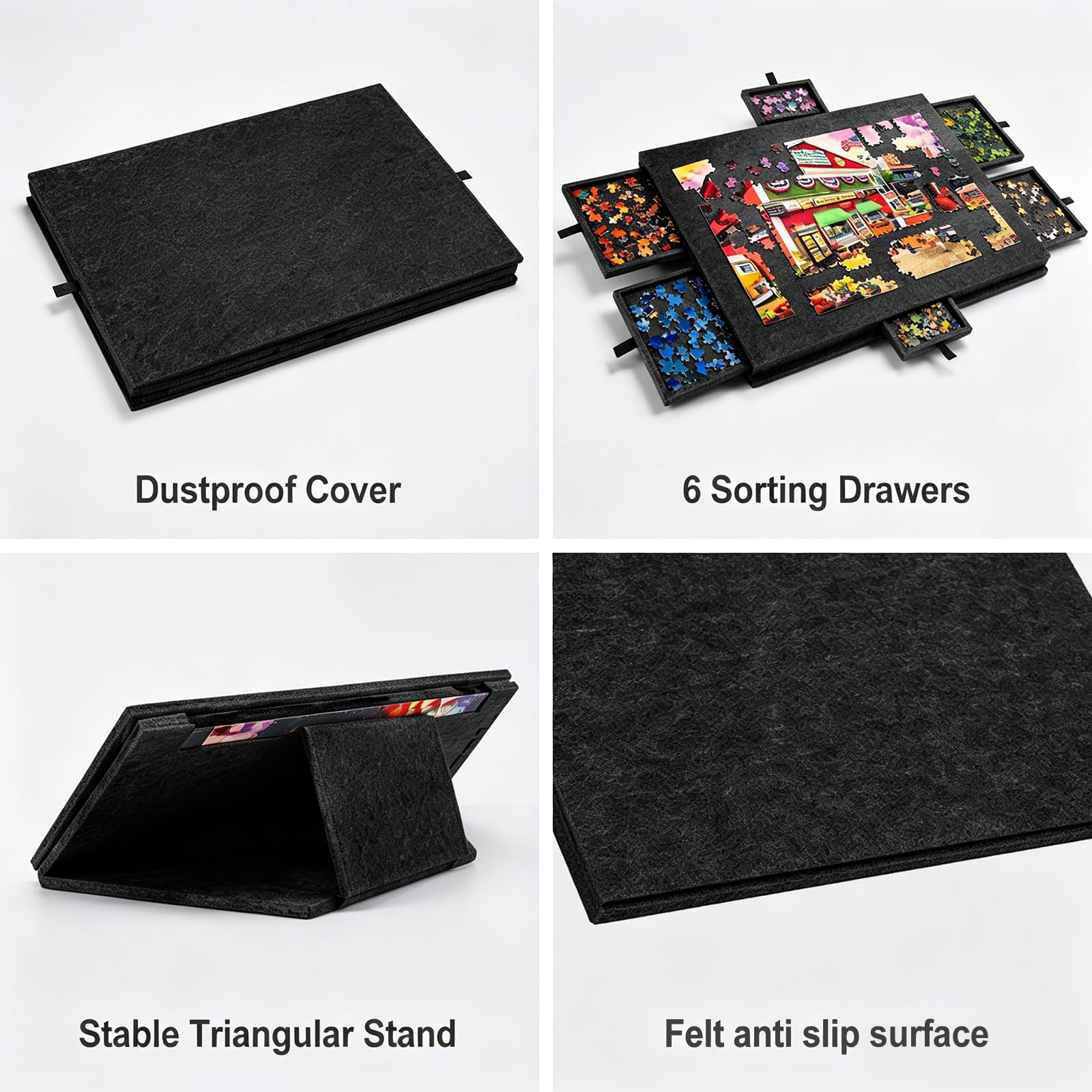 Puzzle 2 en 1 para 1000 piezas, mesa de rompecabezas plegable de fieltro con 6 cajones, carpeta portátil para guardar puzles (negro puro)