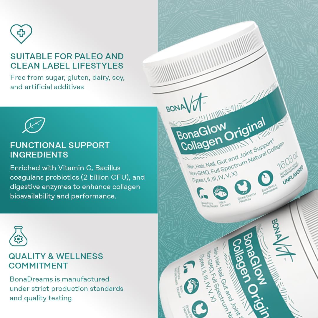 Multi Collagen Peptides Powder - Hydrolyzed 6-Type Collagen from 4 Sources with Vitamin C, Probiotics & Digestive Enzymes - Dr. Formulated - 1lb, 44 Servings, Non-GMO - BonaGlow Unflavored