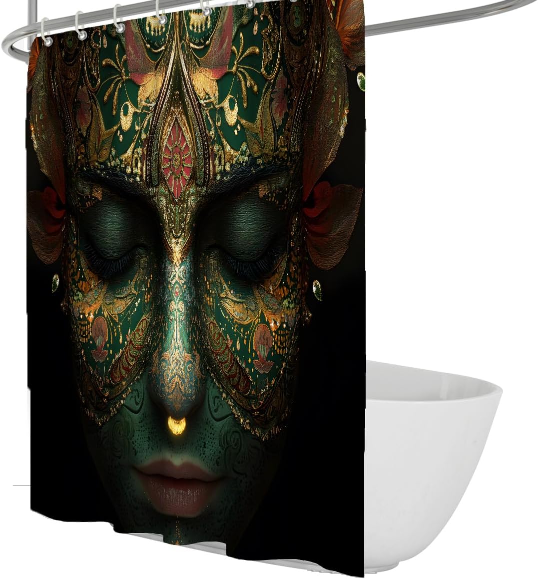 Fantasy Facial Design Bath Curtain Mystical Green and Gold Palette and Ornamental Face Painting Shower Curtain for Artistic Home Decor 78 x 96 inch