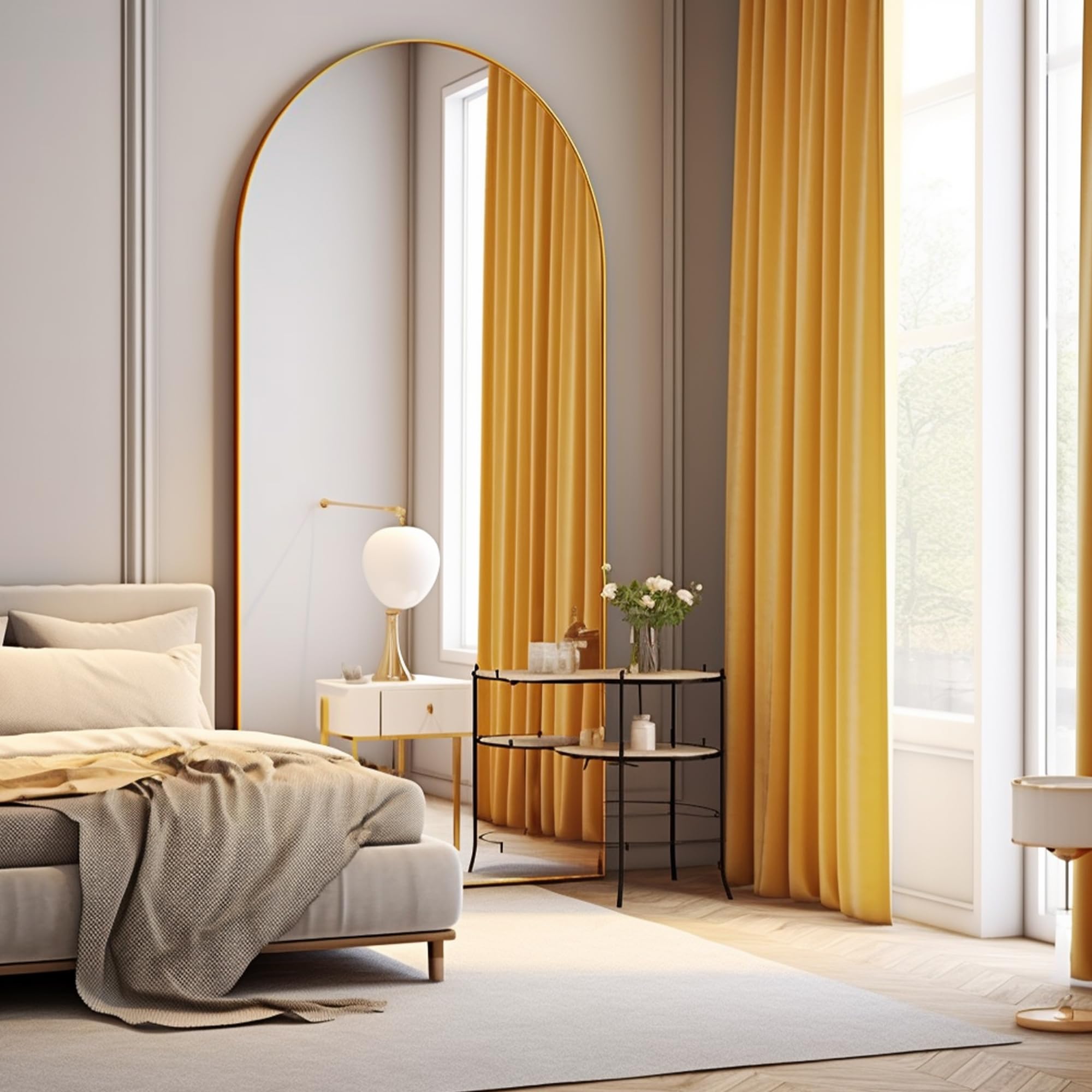 ABSWHLM Arched Full Length Mirror 71"x32" with Stand Aluminum Alloy Frame Floor Large Mirror for Living Room, Bedroom Hanging Standing or Leaning Wall-Mounted, Gold