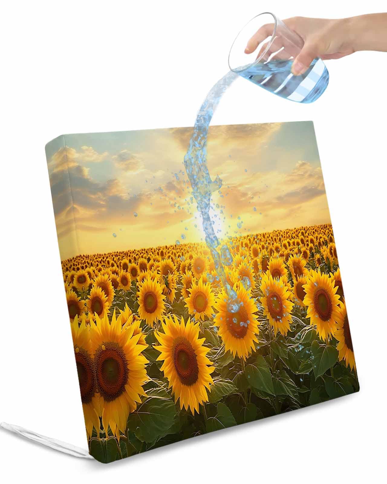 2 Pack Sunflower Field Waterproof Cushion Covers with Ties, Outdoor Patio Chaise Lounge Chair Seat Cushion Slip Covers Replacement(Only Cover) Summer Pastoral Rustic Botanical Flower 24