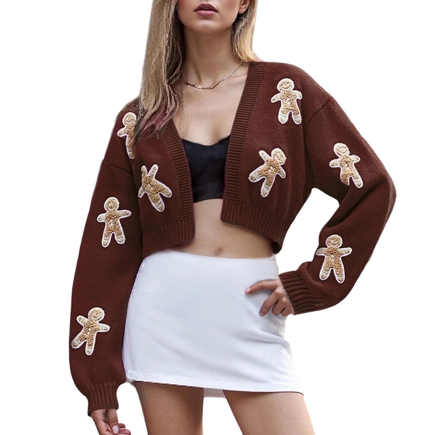 Women Gingerbread Man Cardigan Casual Christmas Solid Color Open Front Knit Shirt Cute Long Sleeve Sweater Top