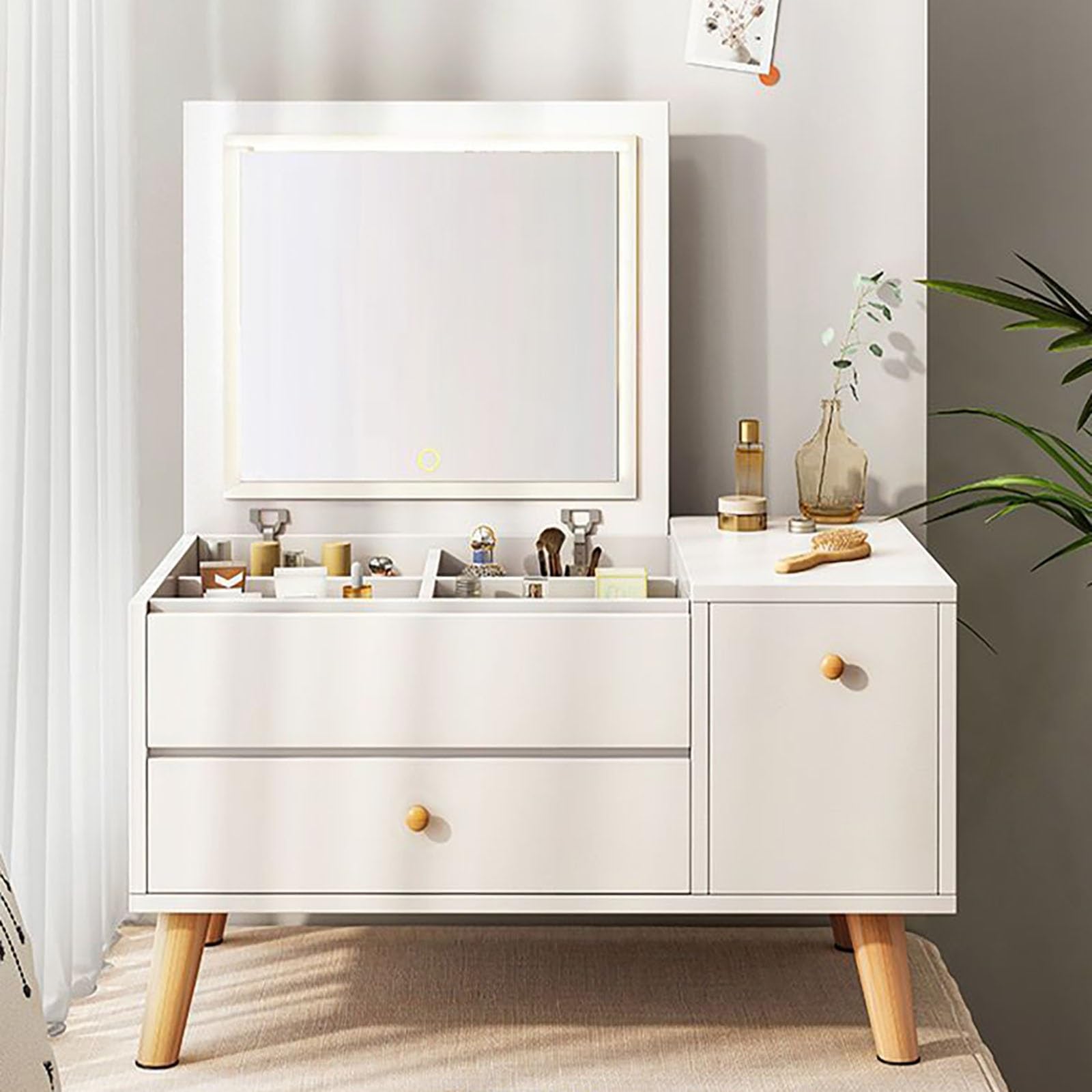 asdchZen Modern Vanity Desk With Led Lights And Drawer Small Makeup Table With 3 Color Lights Dresser With Mirror Bedroom Vanity Desk Dressing Table Nizer
