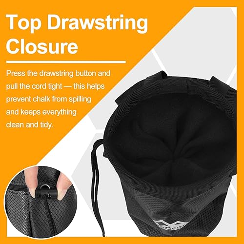 Miniatura 6 de supregear Bolsa de tiza para escalada en roca, bolsillo grande con cremallera con soporte para cepillo, cierre de cordón y clip de mosquetón, ideal