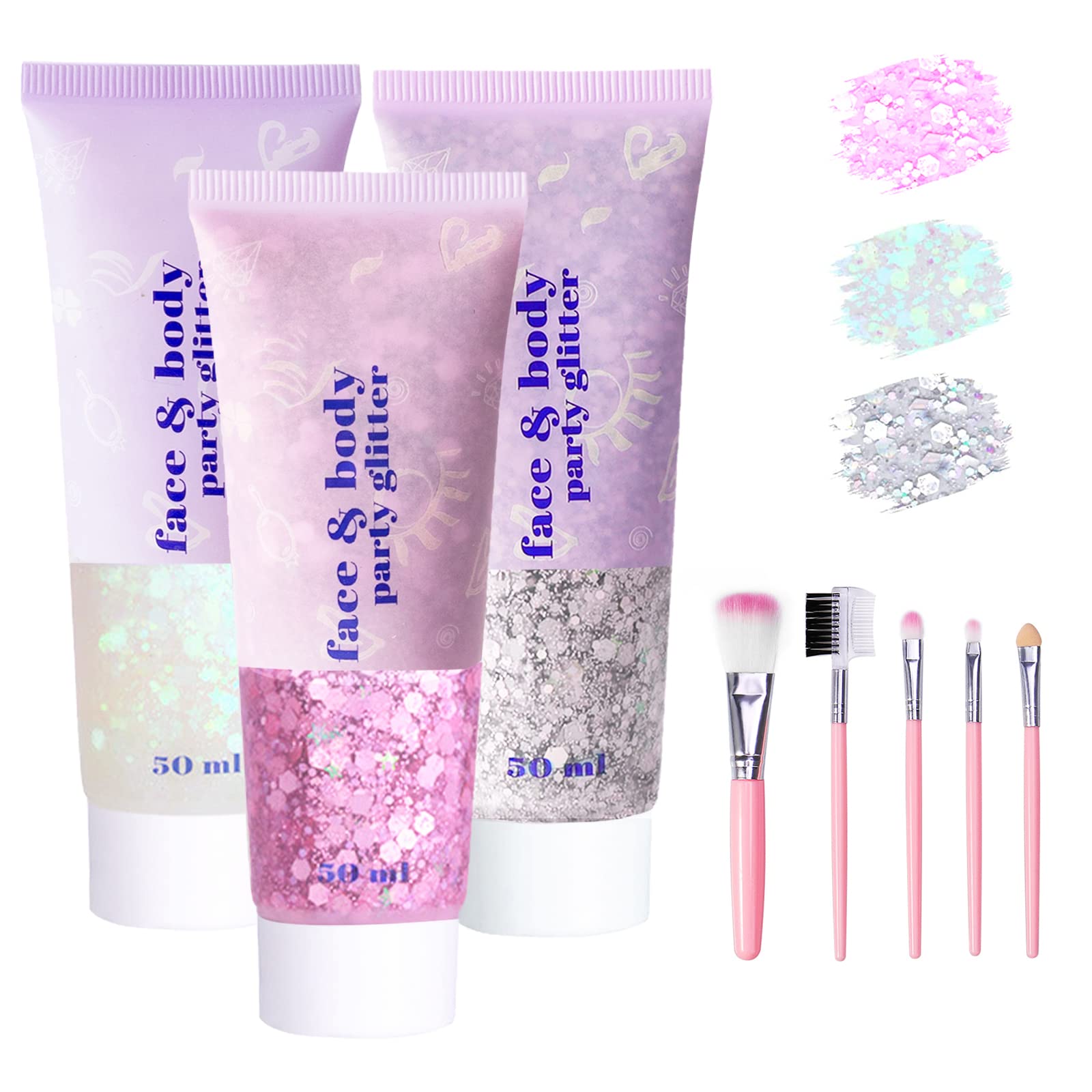 Body Glitter Gel 3 Bottles, Mermaid Sequins Chunky Glitter Gel Kit, Long-Lasting Halloween Festival Glitter Face, Body Glitter for Festival Masquerade Make-Up, White + Silver + Pink