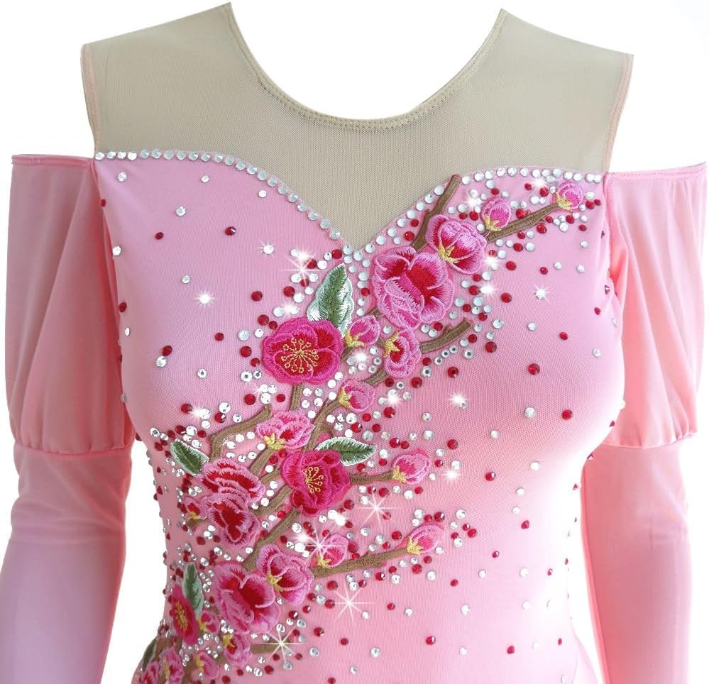 LIUHUO Pink Figure Skating Skirt 3D Stereo Embroidery Long Sleeve Girl Competition Performance
