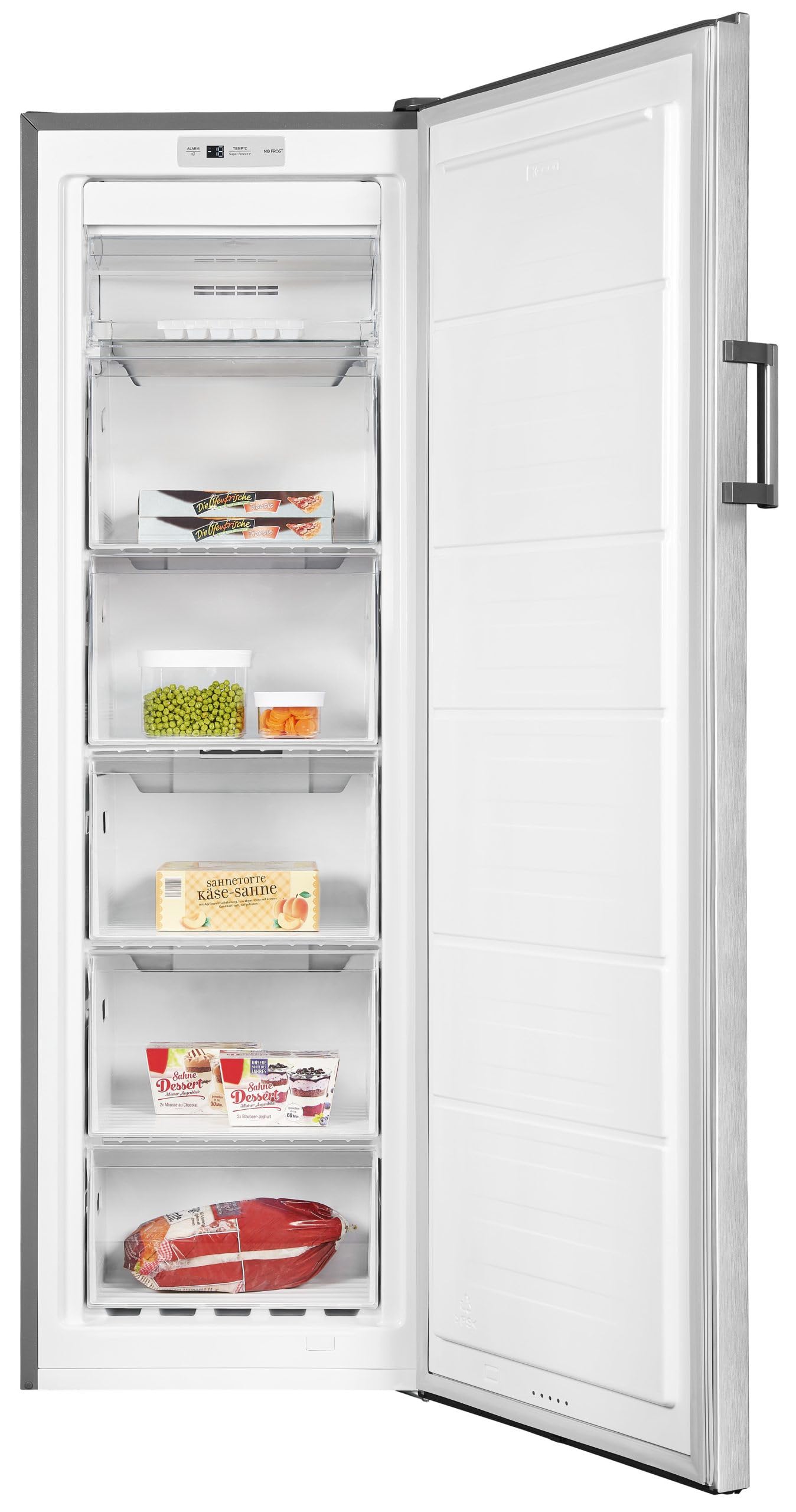 Exquisit® Congelador Vertical 204L, Color Inoxlook, Clase E, Tecnología No-Frost, Control Digital, Congelación Rápida, Puerta Reversible, Alarma Acústica Puerta Abierta, Medidas 170,0x54,5x59,5cm