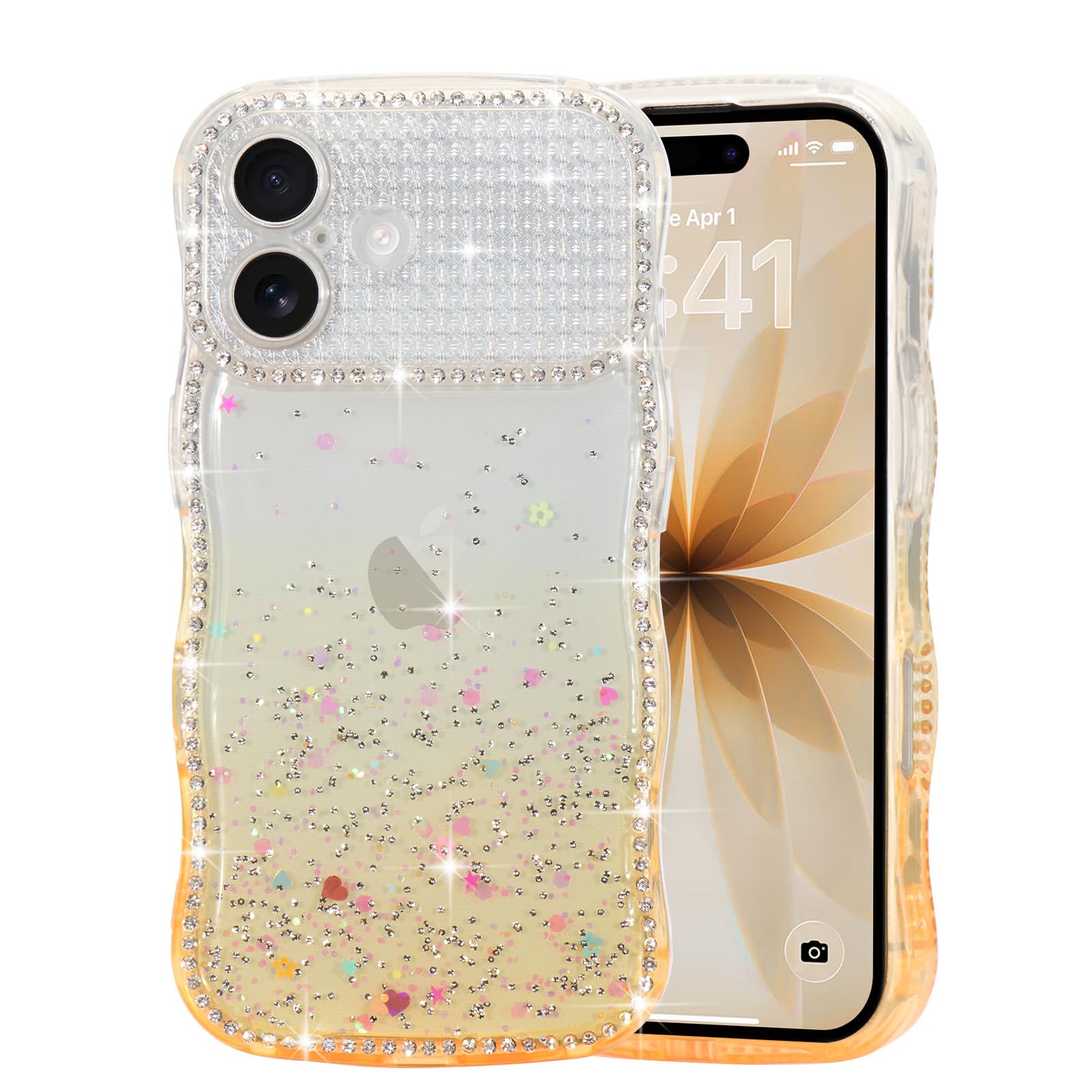LCHULLE 用の iPhone 17 ケース キラキラ 透明 ウェーブ ラインストーン カバー 女の子 可愛い おしゃれ 軽量 薄型 滑り止め 耐衝撃 クリア スマホケース 用の アイフォン 17 ケース（ブルー）