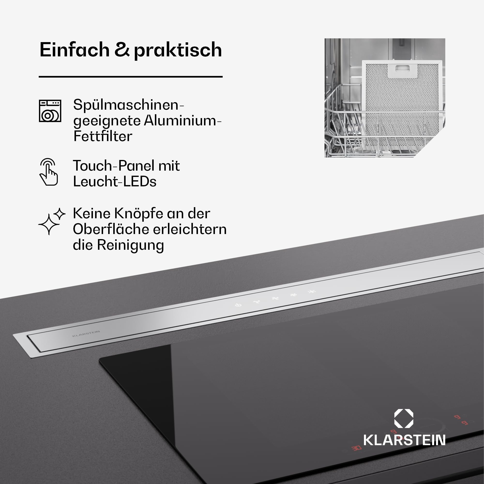 Klarstein Downdraft-Dunstabzugshaube 90cm, Versenkbare Abluft/Umluft, 576m³/h, LED, Touch-Bedienfeld