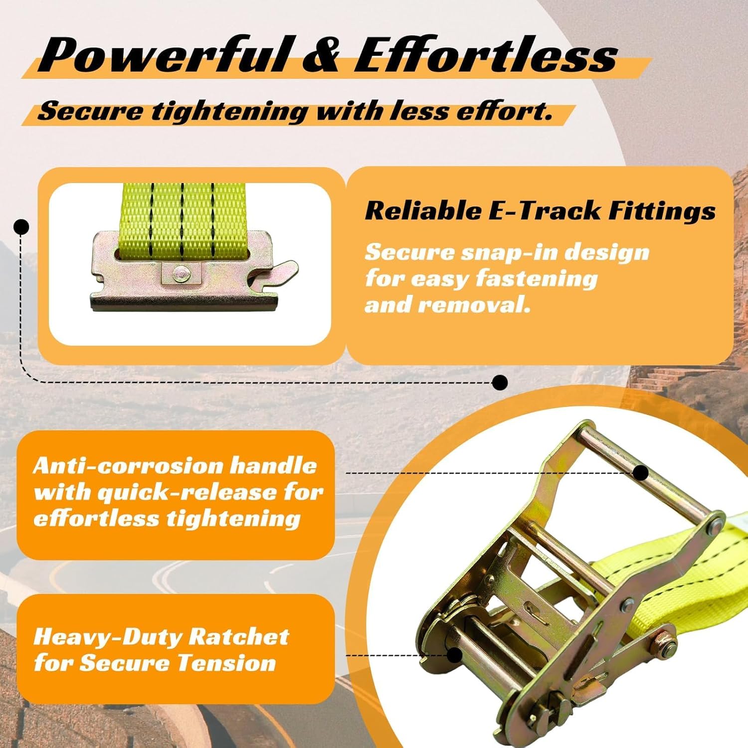 8 Pack 2" x 15' Heavy Duty E-Track Ratchet Straps - 4500LBS Break Strength - Tie Down Straps for Trucks, Trailers, Motorcycles, and Cargo(Yellow) - Image 3