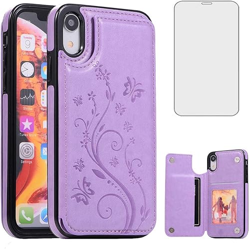 Asuwish Funda para iPhone XR con protector de pantalla de vidrio templado, funda de cuero con soporte para tarjetas, doble cierre magnético y funda