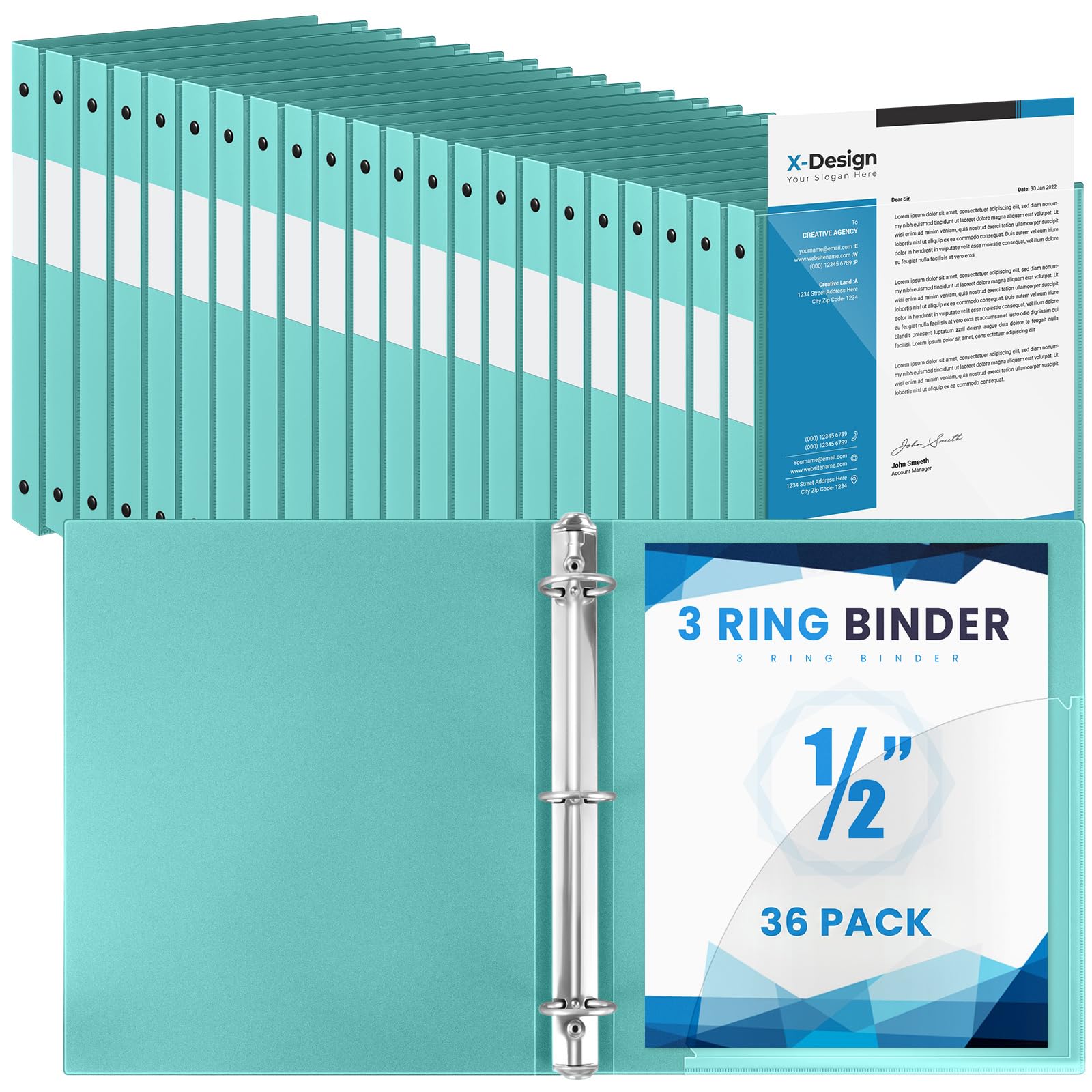 Henoyso 36 Pack 1/2 Inch 3 Ring Binder with Clear Cover Fit Letter Size 8.5" x 11" Paper Holds 140 Sheets, Bulk Binders for Organizing School, Office &amp; Classroom Documents, 1 Pocket (Mint Green)