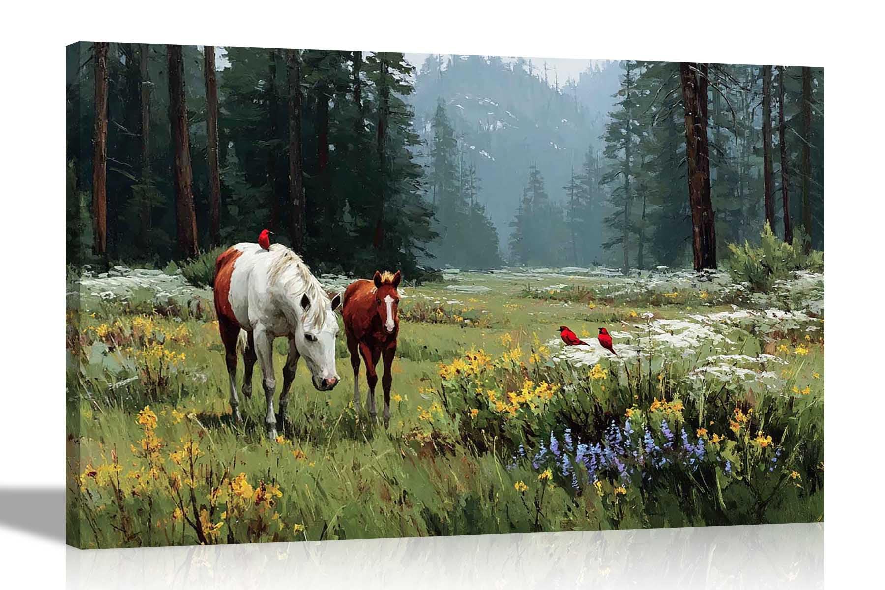 Artley Prints - Wild Meadow Landscape Horses Canvas Wall Art Modern Framed Decor Oil Painting Prints Ready to Hang 51 x 35cm (20 x 14 inches)