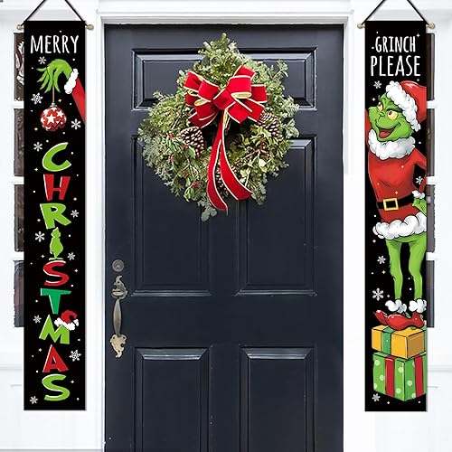 Miniatura 6 de Deroro Cartel de Feliz Navidad para porche, regalos de Navidad, sombrero de Papá Noel, copo de nieve, por favor, puerta delantera, bandera