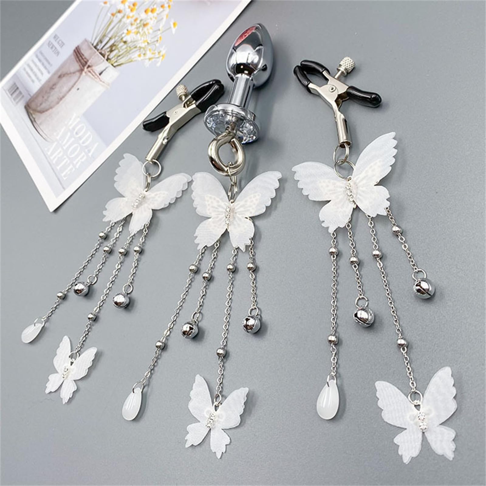 Female Metal Bullet Butt Plug with Jewelry Base Butterfly Style Butt Plug Bell Butterfly Adjustable Breast Clamp Sex Toy Set