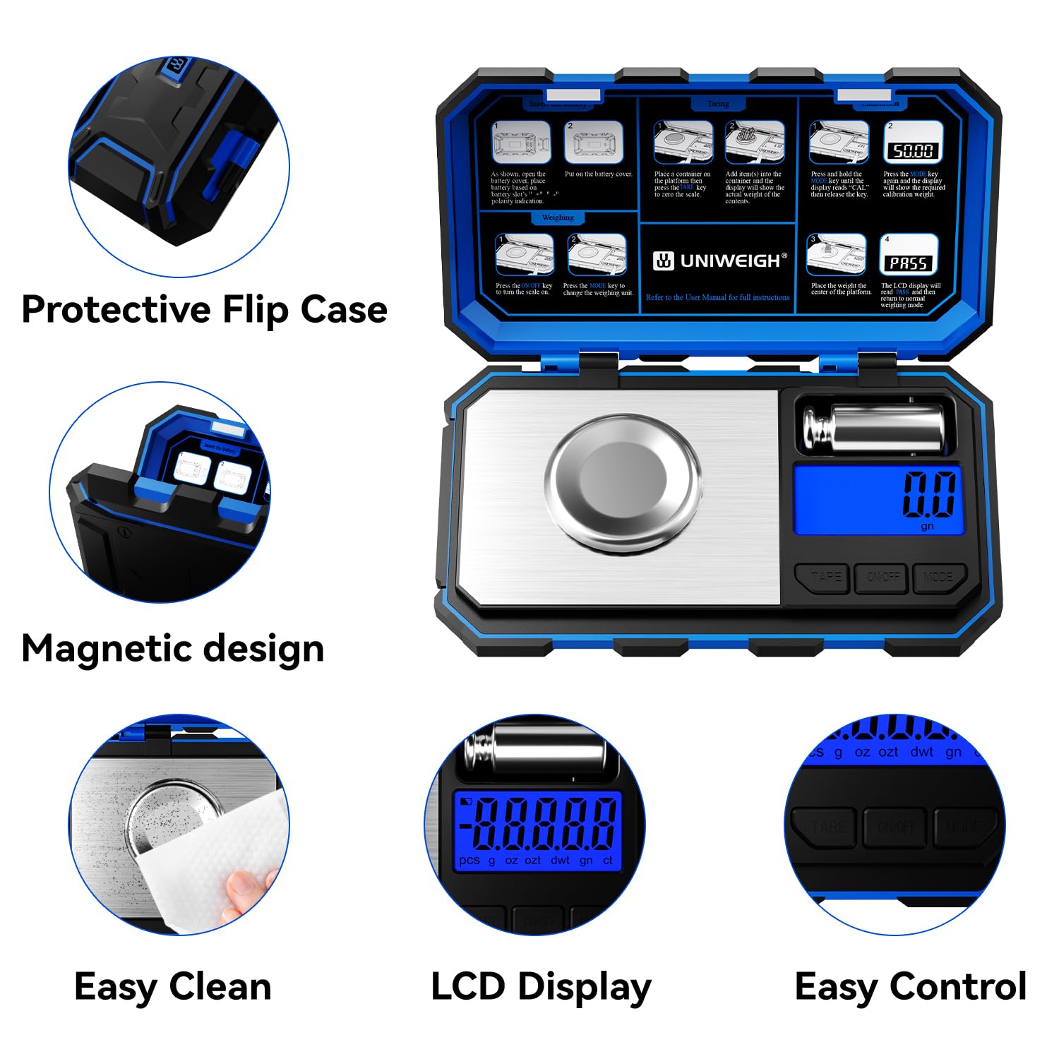 UNIWEIGH Báscula digital de recarga de precisión de 1500 granos x 0,1 gn, báscula de polvo para recarga, báscula de grano con pantalla LCD/tara/funciones de calibración, bolsillo de escala de