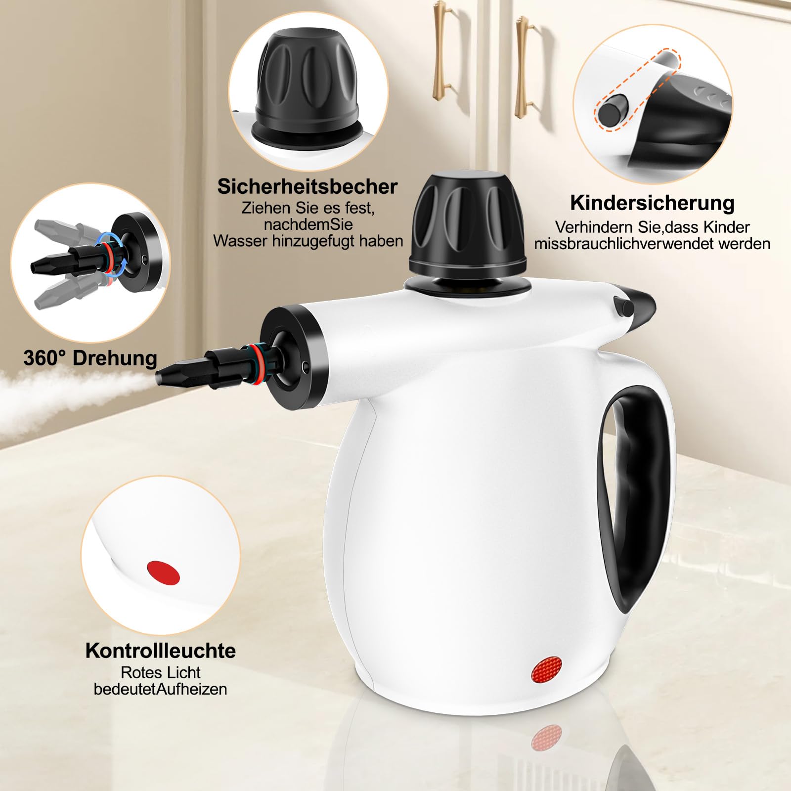 Limpiador a Vapor de Mano, Limpiador Vapor Portátil Multiusos con 12 Accesorios, Steam Cleaner de Alta Temperatura para Cocina, Baño, Sofa, Alfombras, Ventana, Suelos e Interior de Coche (Blanco)